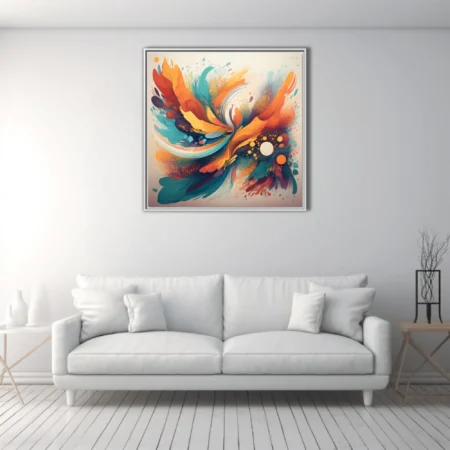 Vibrant abstract swirl artwork in orange, teal, and gold with splatter textures and luminous orbs