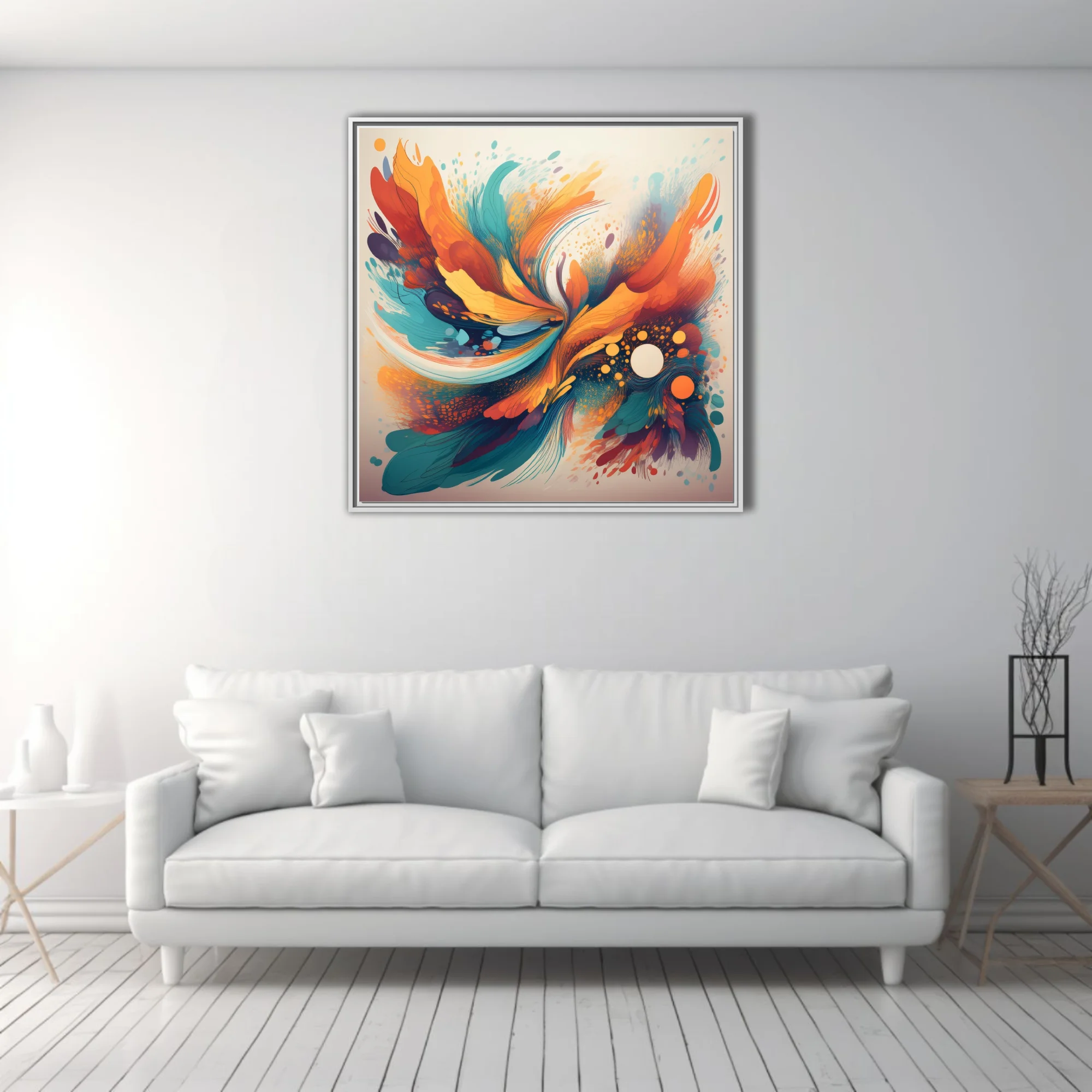 Vibrant abstract swirl artwork in orange, teal, and gold with splatter textures and luminous orbs