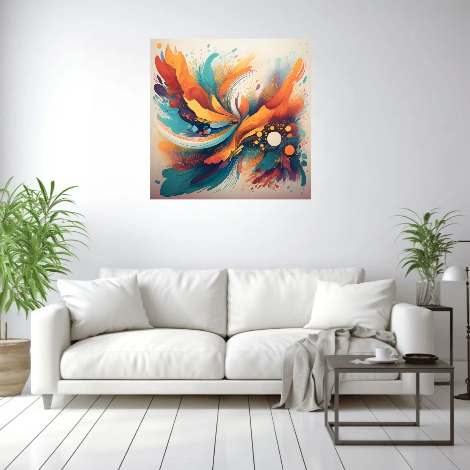 Vibrant abstract swirl artwork in orange, teal, and gold with splatter textures and luminous orbs