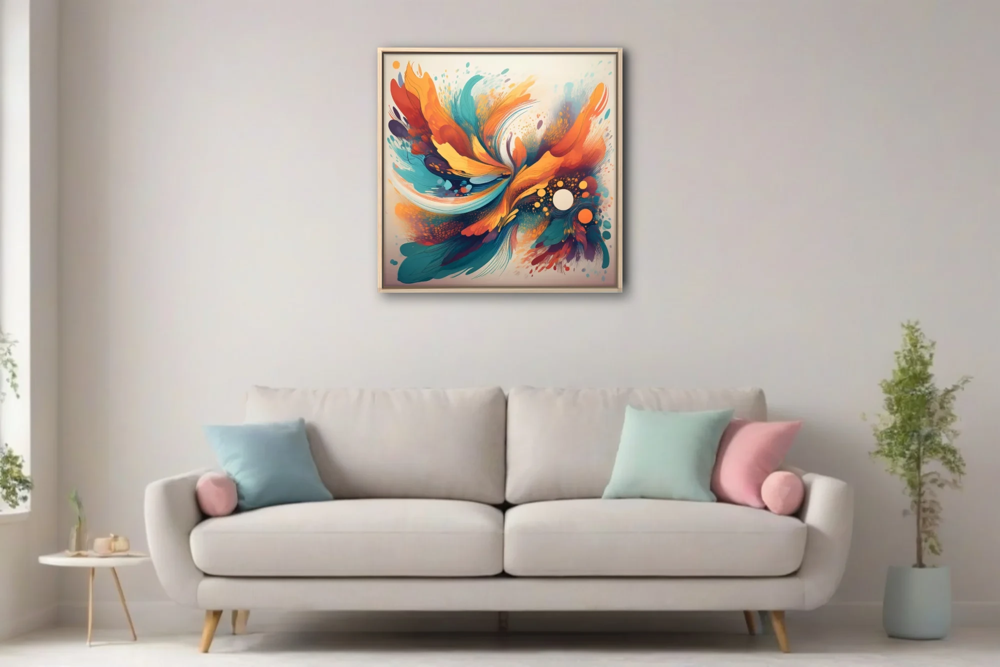Vibrant abstract swirl artwork in orange, teal, and gold with splatter textures and luminous orbs
