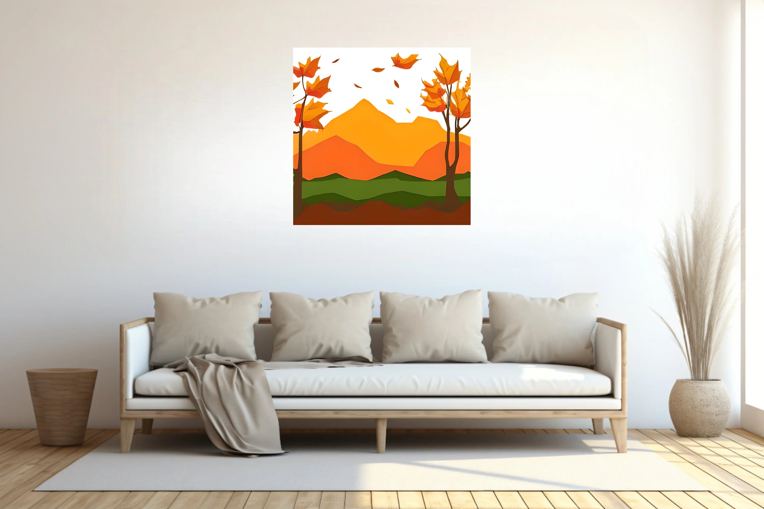 Paper-cut style abstract autumn landscape with orange mountains and falling leaves