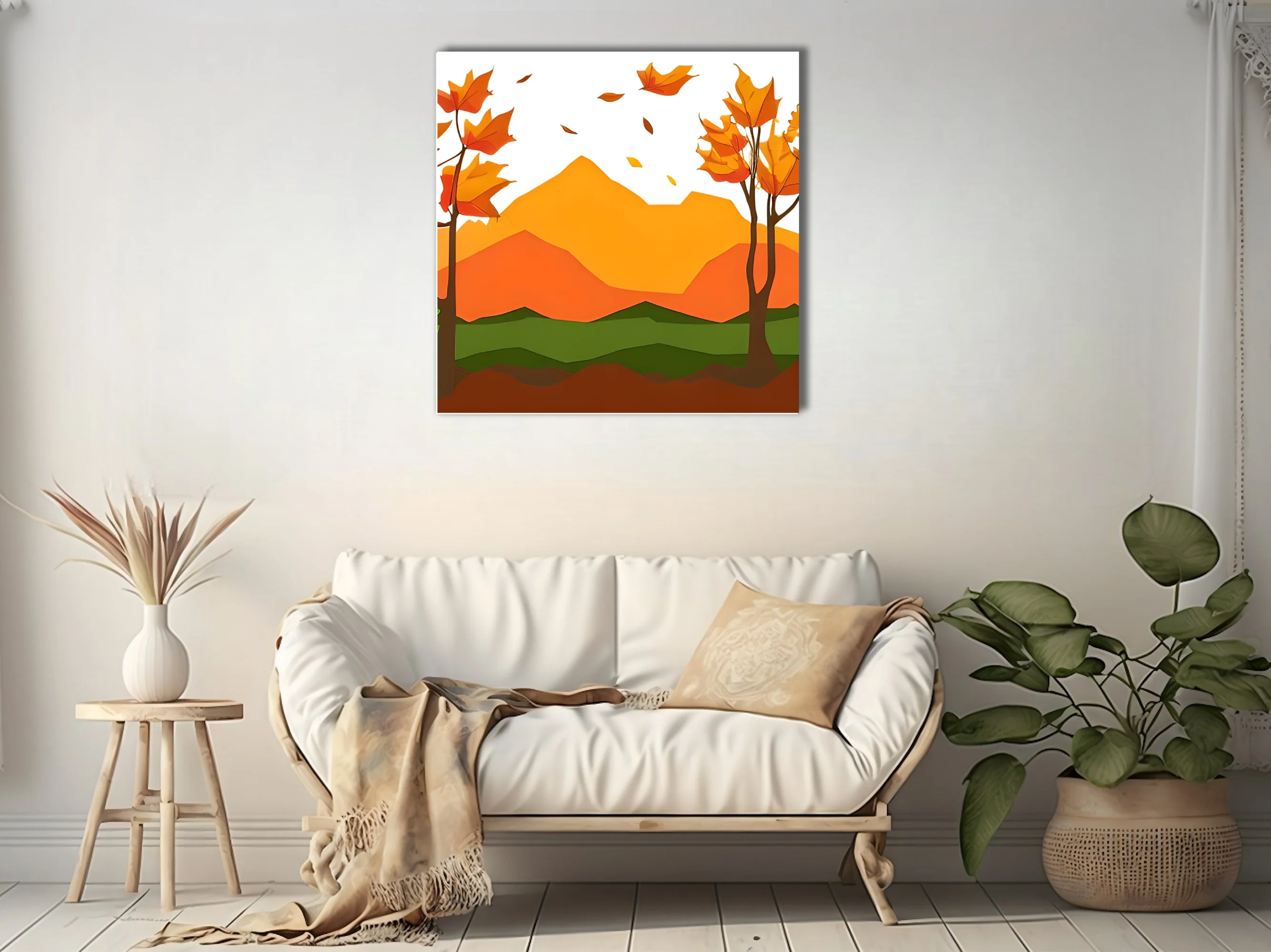 Paper-cut style abstract autumn landscape with orange mountains and falling leaves