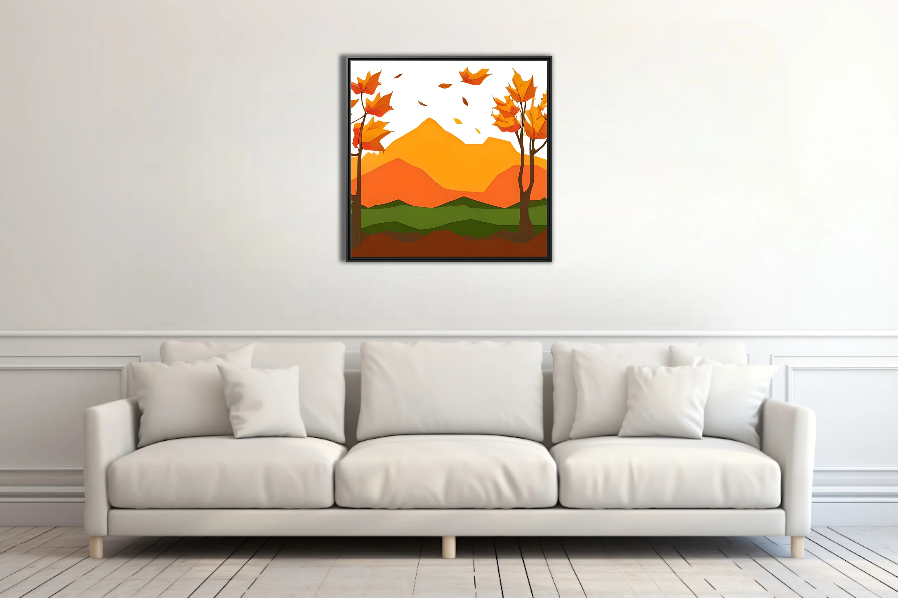 Paper-cut style abstract autumn landscape with orange mountains and falling leaves