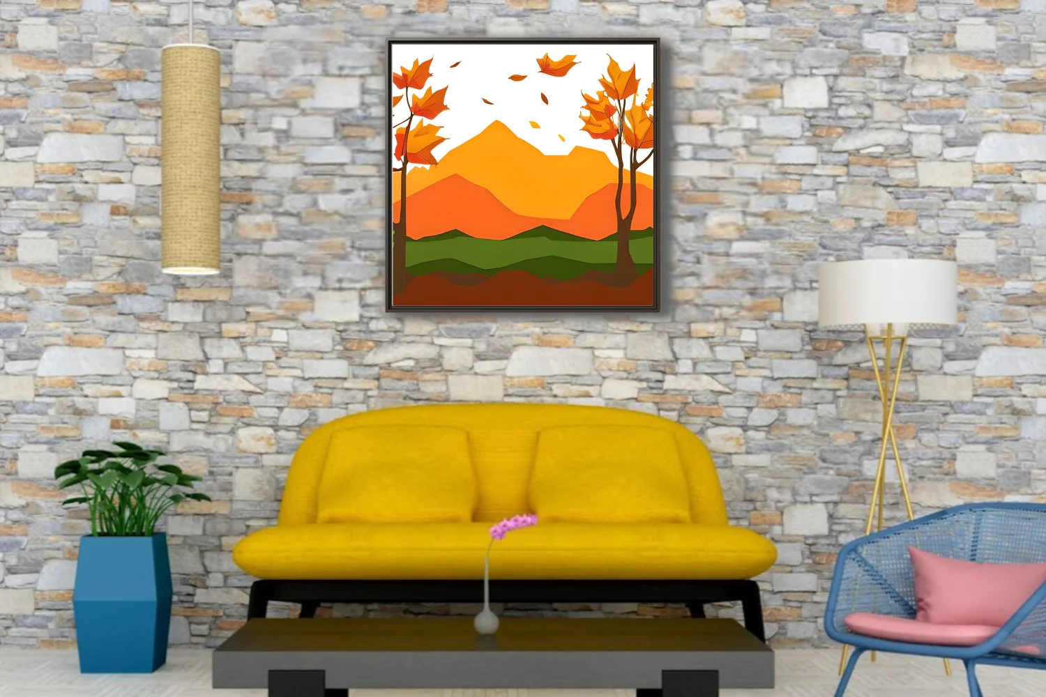 Paper-cut style abstract autumn landscape with orange mountains and falling leaves