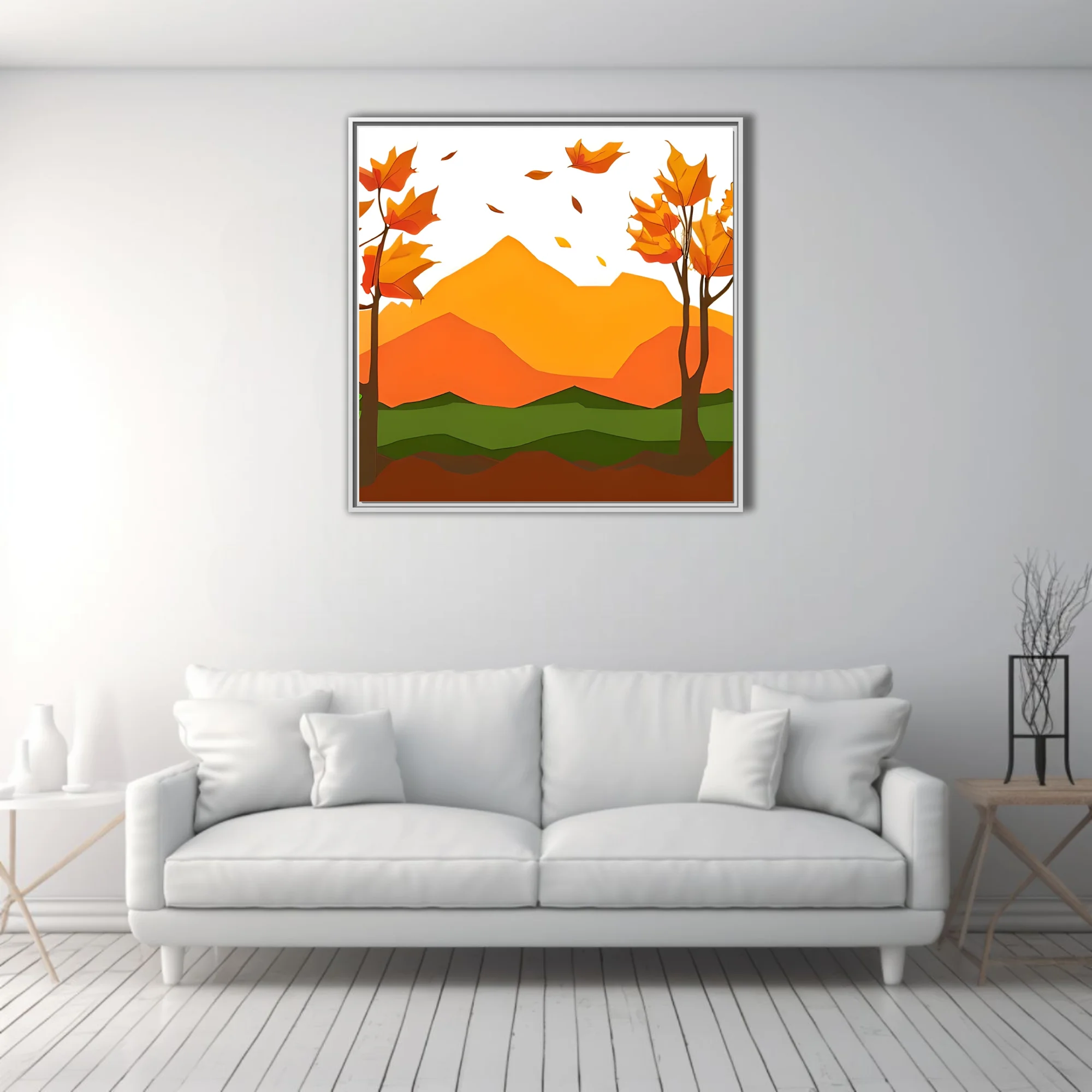Paper-cut style abstract autumn landscape with orange mountains and falling leaves