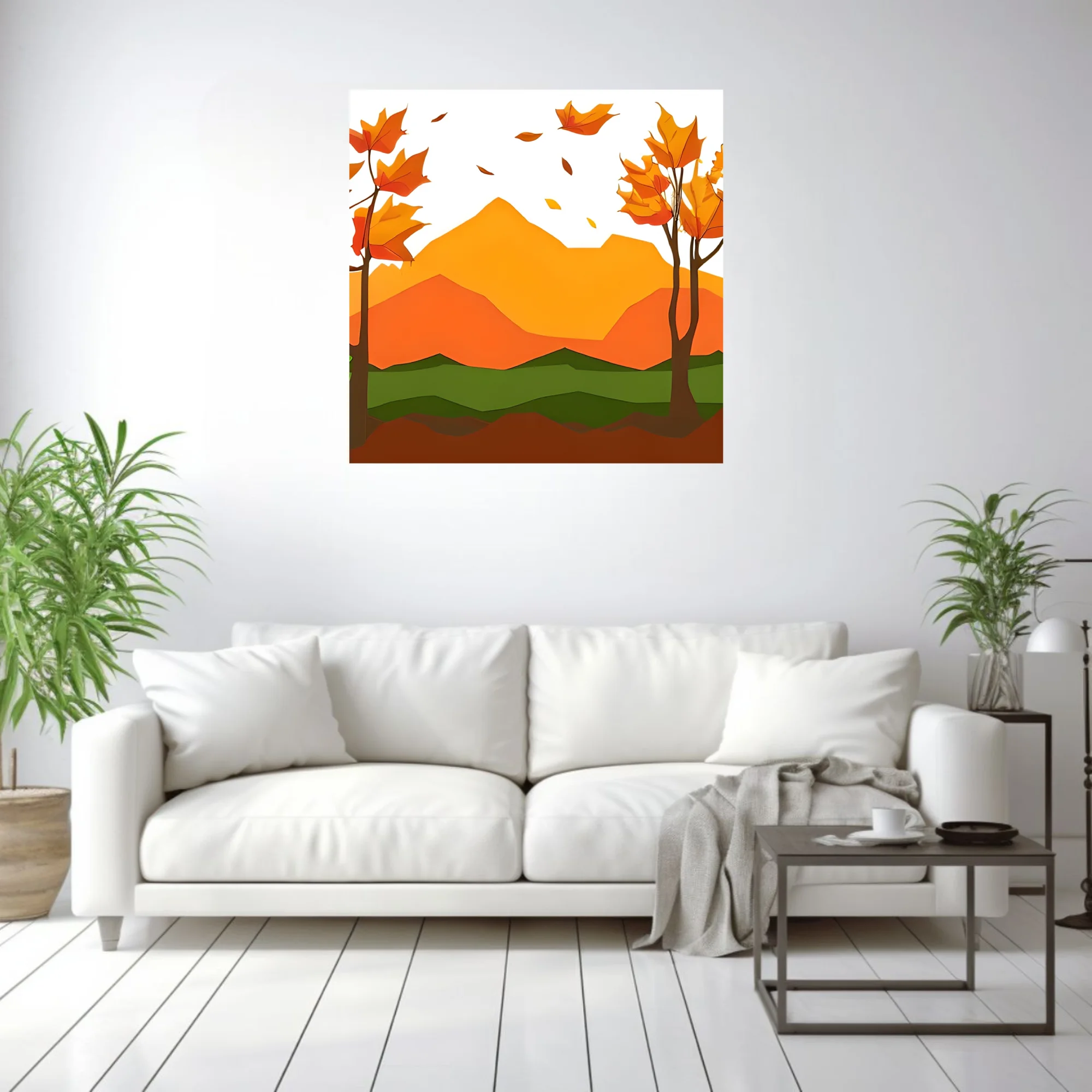 Paper-cut style abstract autumn landscape with orange mountains and falling leaves