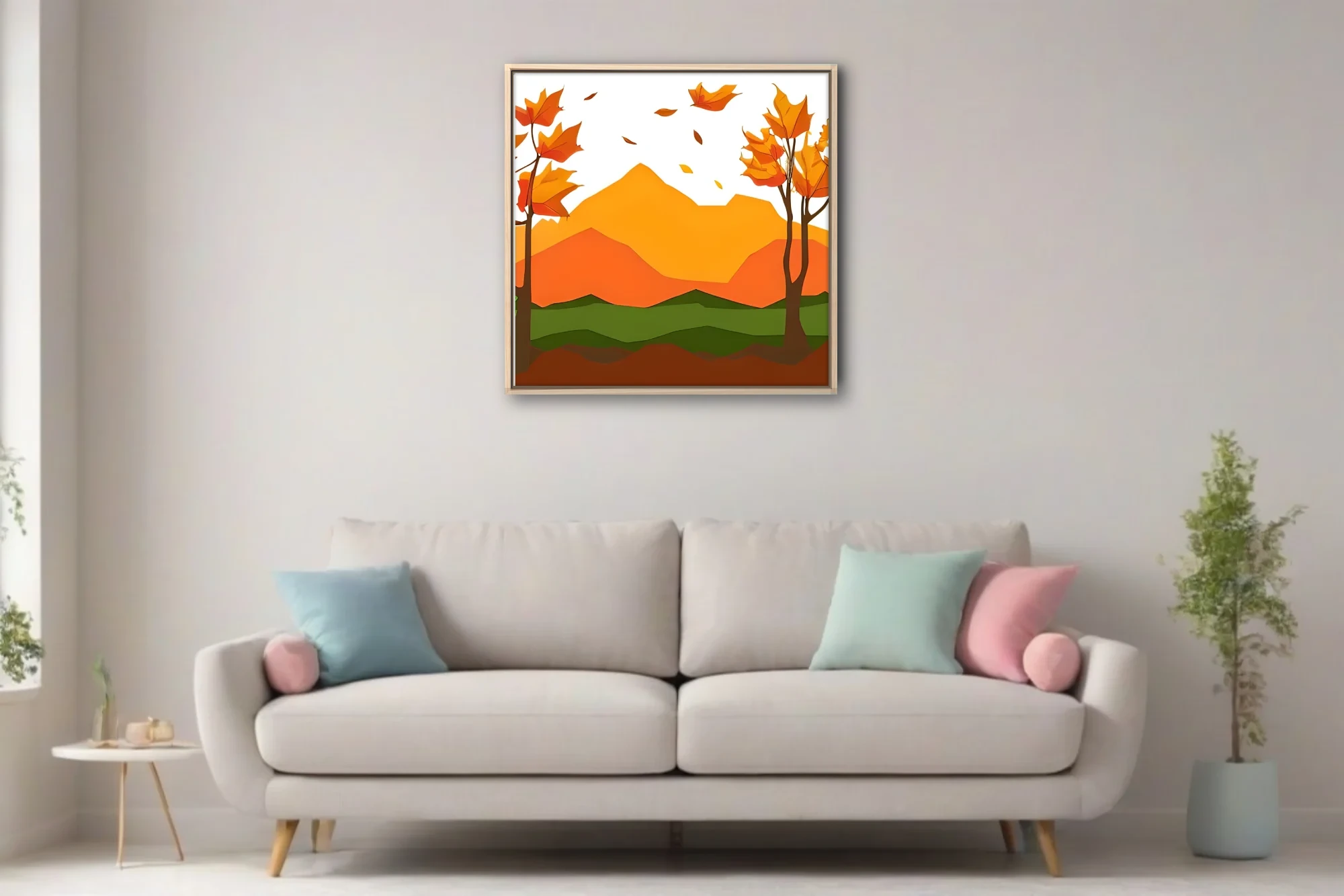 Paper-cut style abstract autumn landscape with orange mountains and falling leaves
