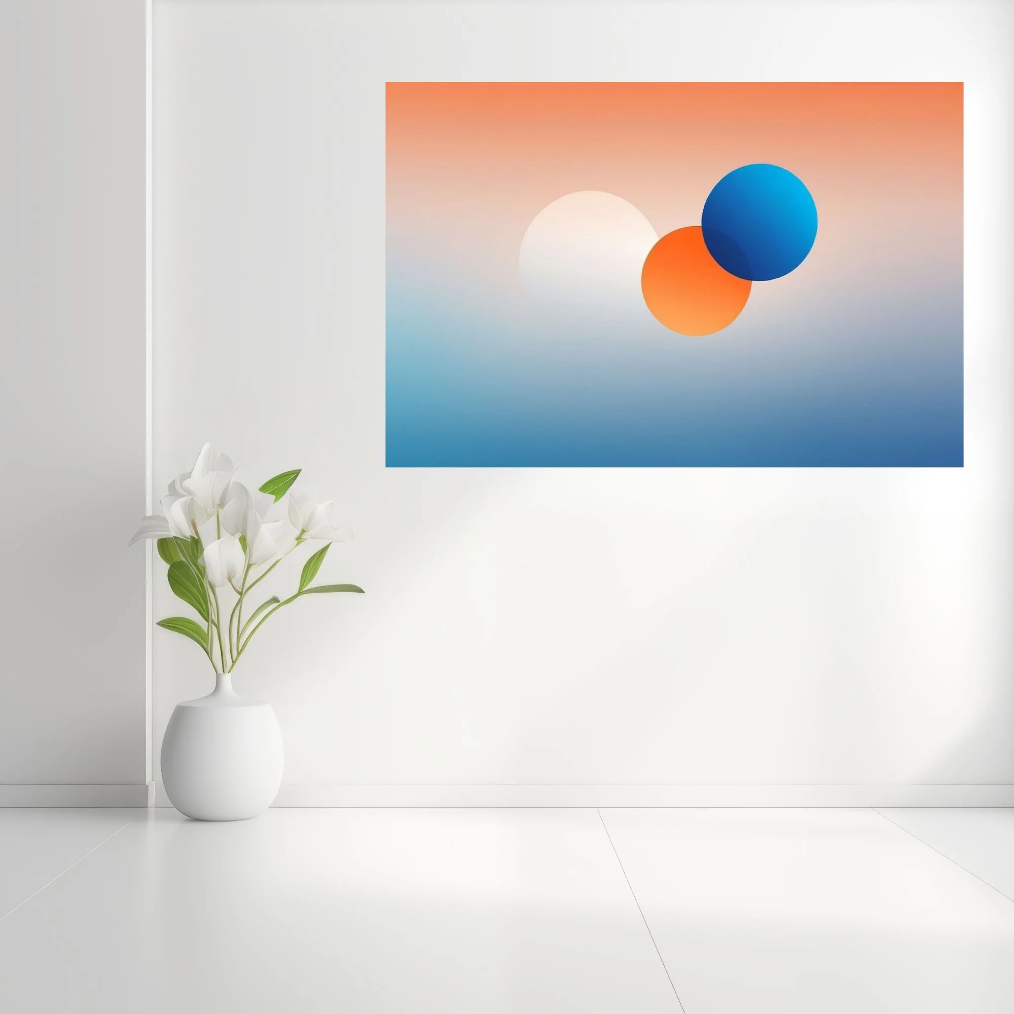 Minimalist abstract gradient art with coral, blue, and orange geometric forms