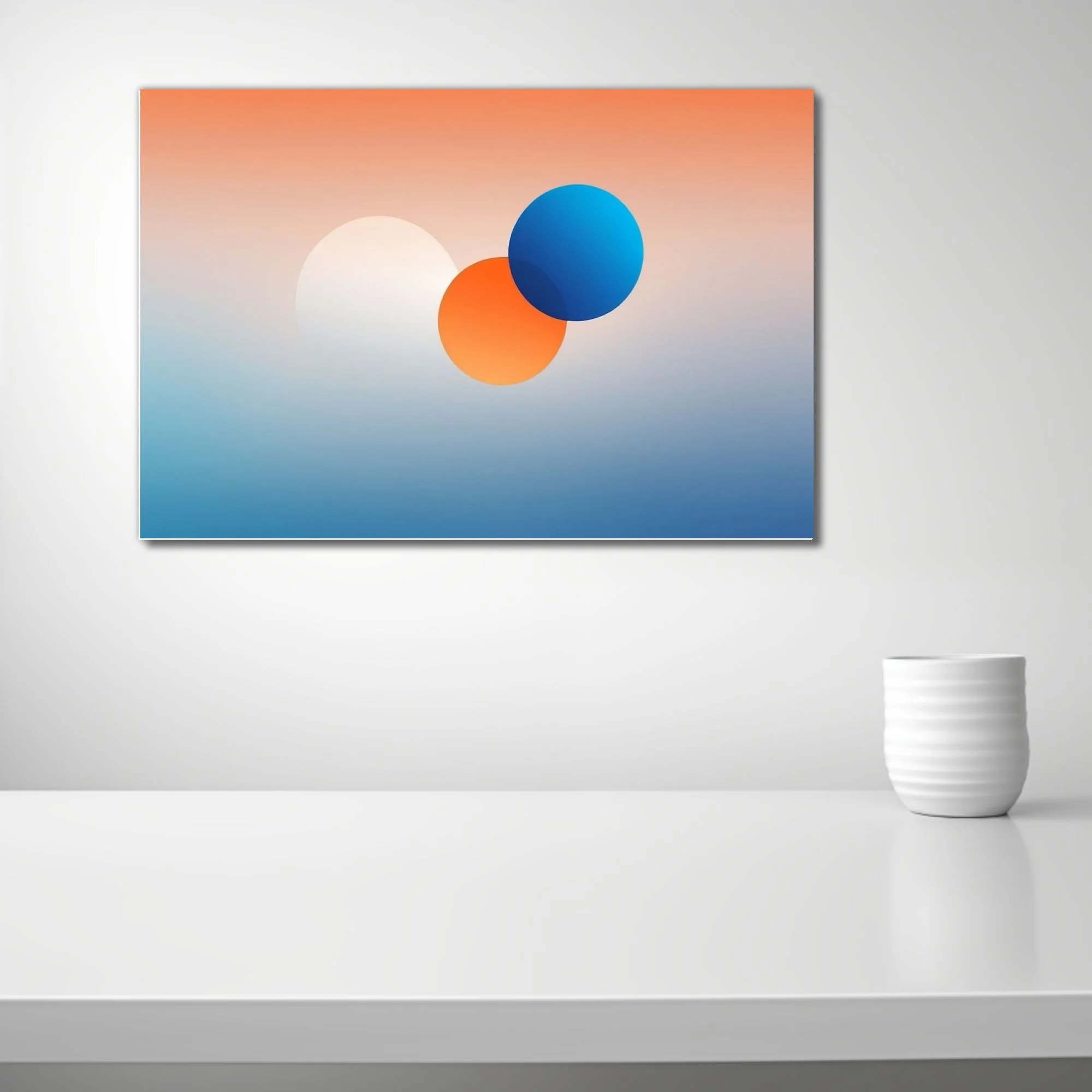 Minimalist abstract gradient art with coral, blue, and orange geometric forms