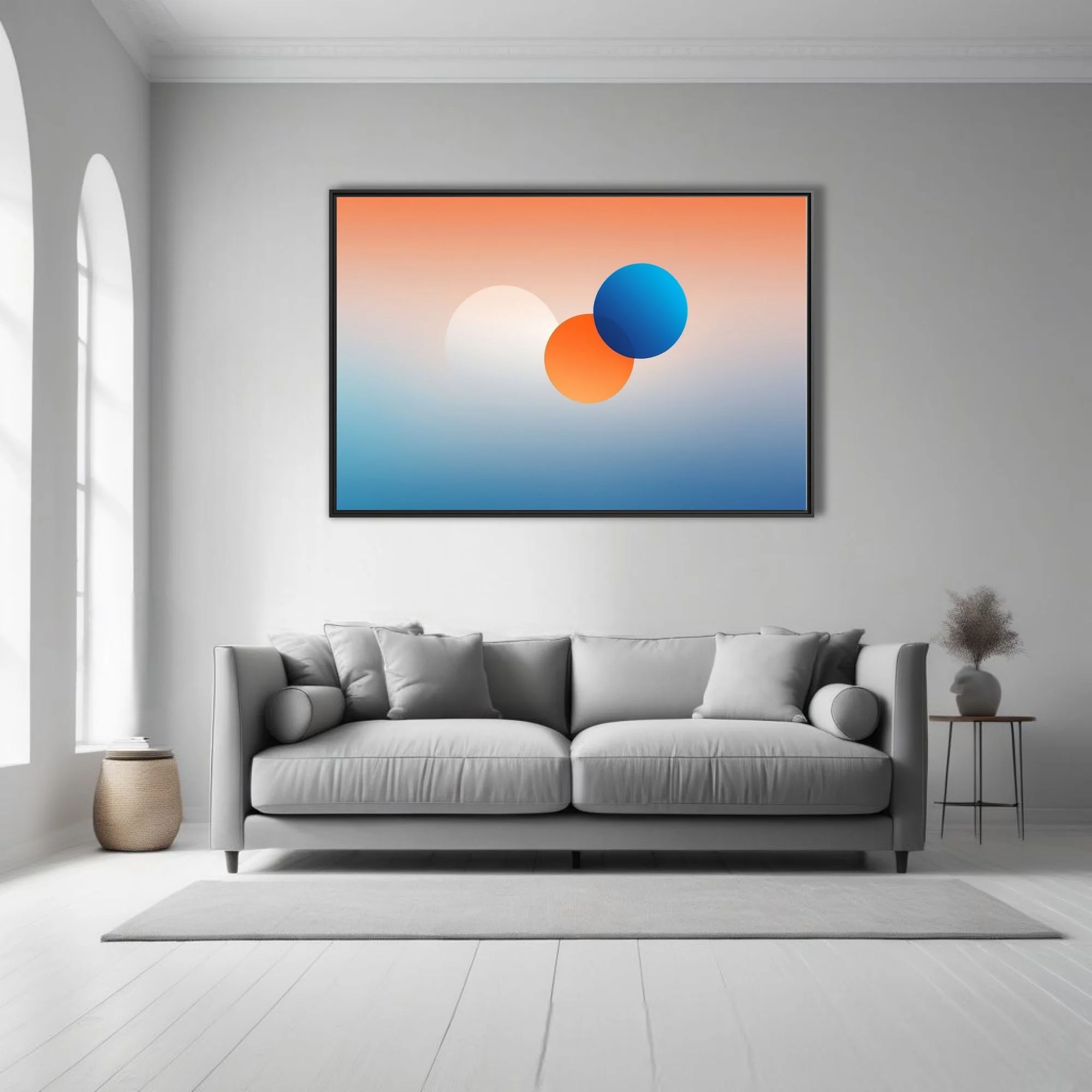 Minimalist abstract gradient art with coral, blue, and orange geometric forms