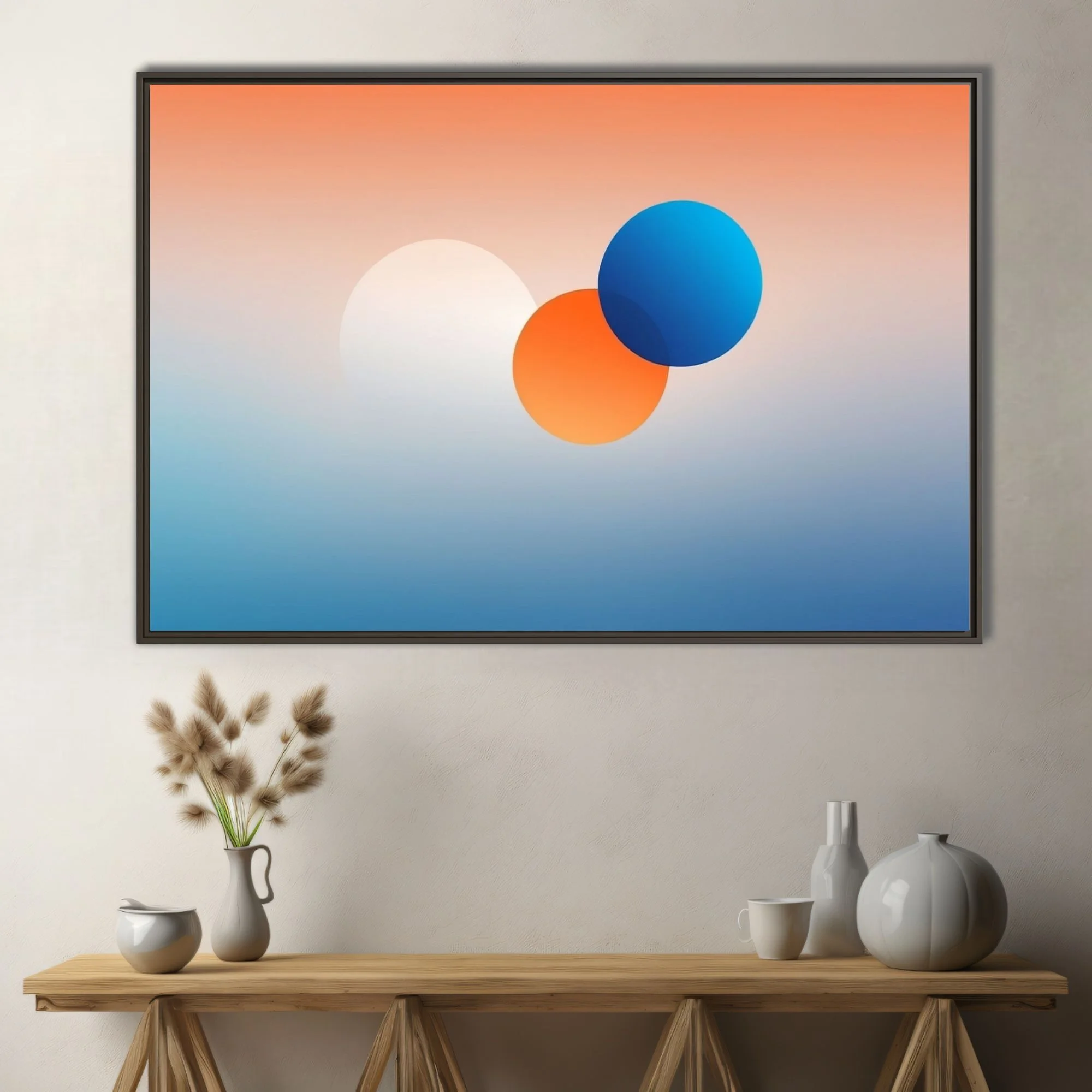 Minimalist abstract gradient art with coral, blue, and orange geometric forms