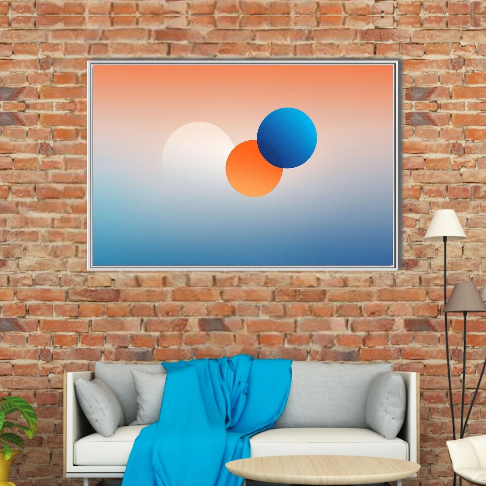 Minimalist abstract gradient art with coral, blue, and orange geometric forms
