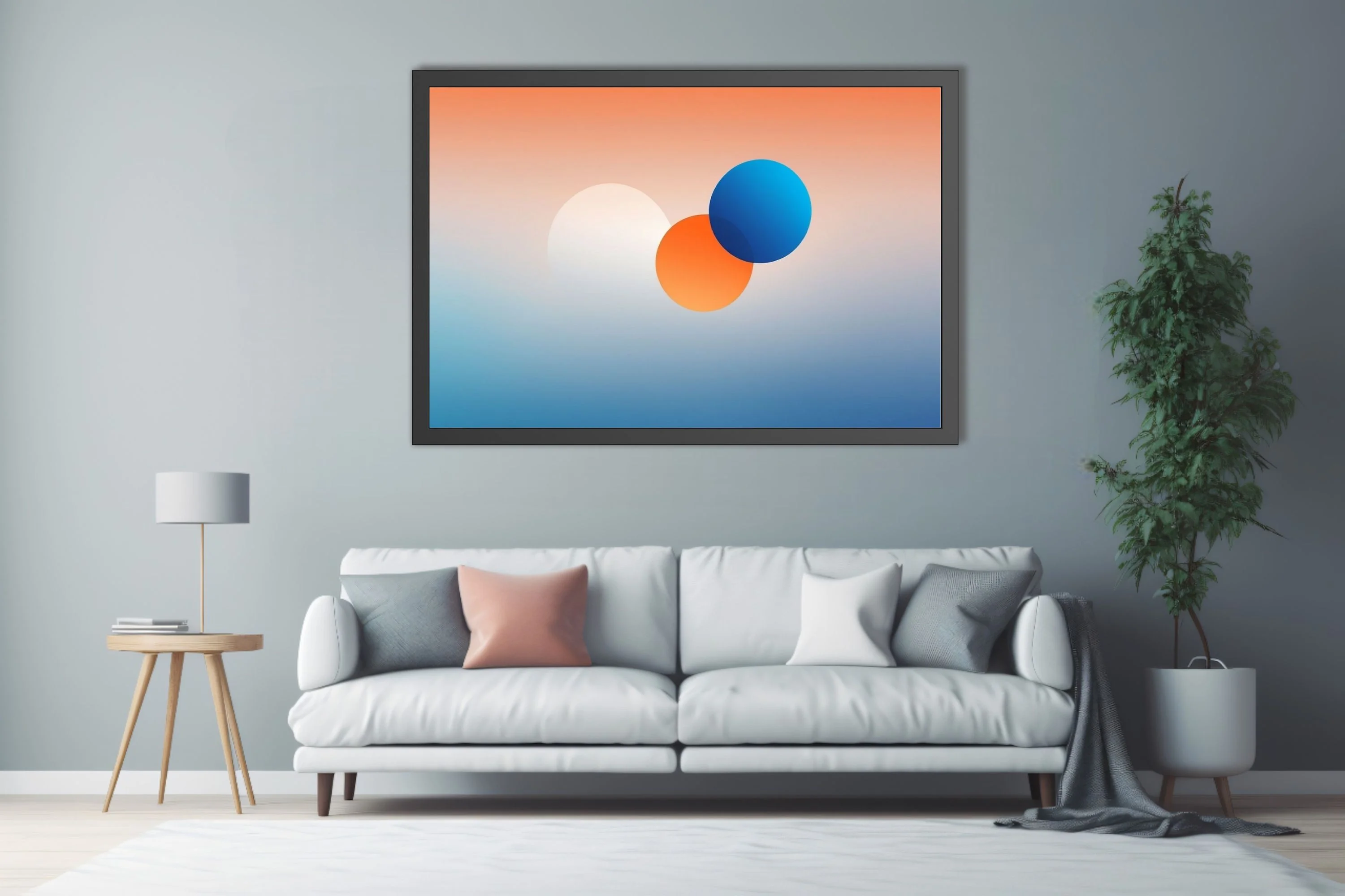 Minimalist abstract gradient art with coral, blue, and orange geometric forms