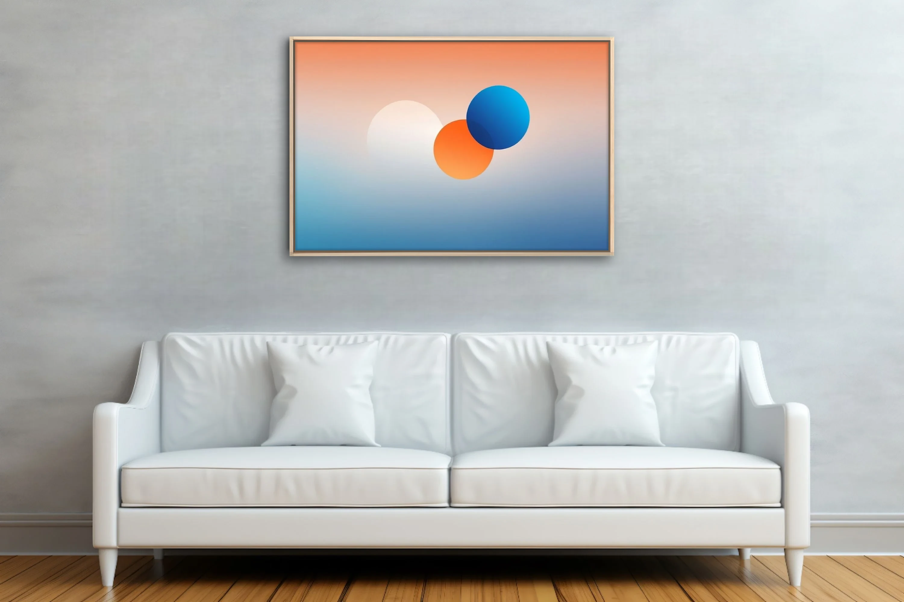 Minimalist abstract gradient art with coral, blue, and orange geometric forms