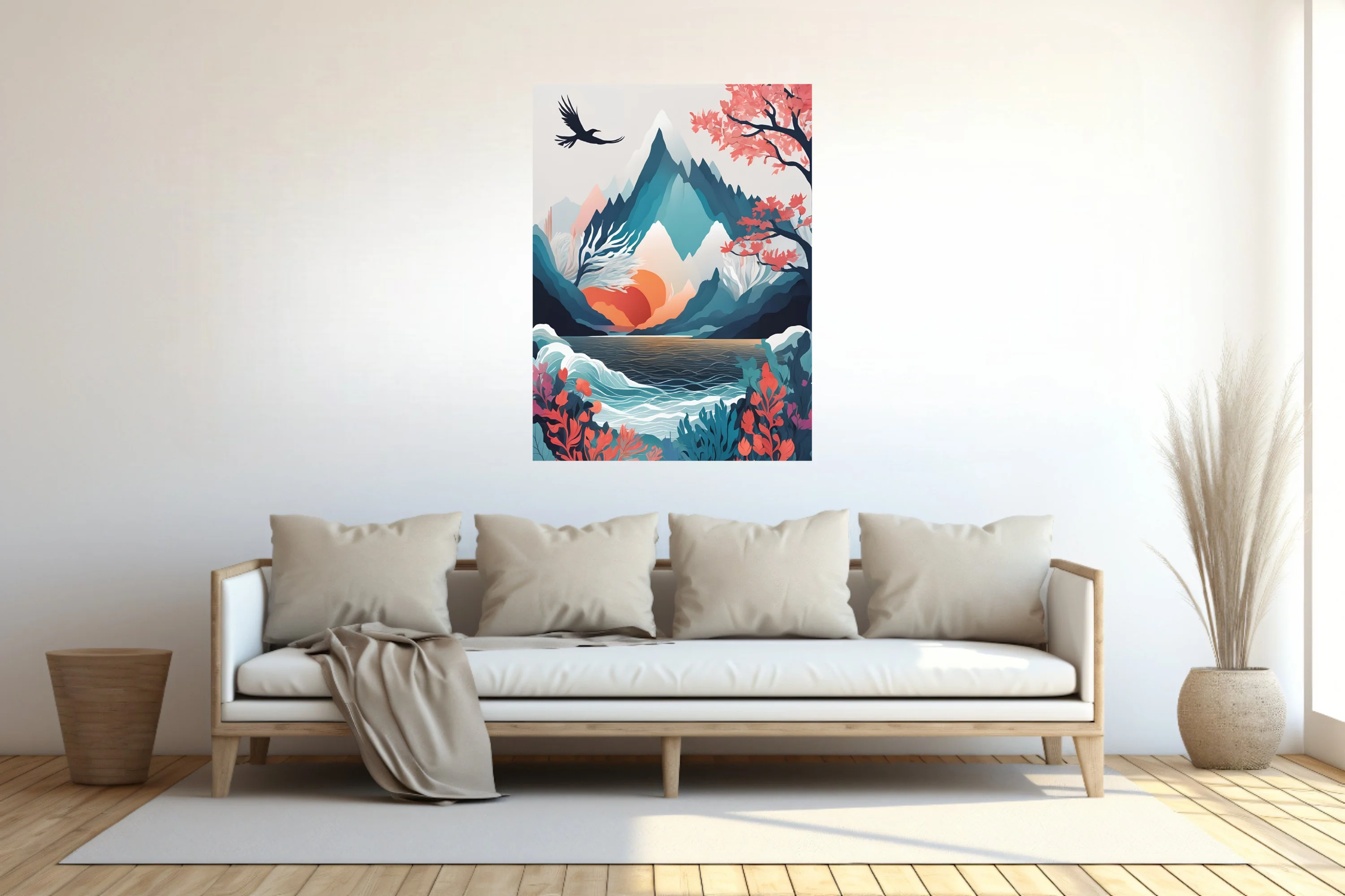Minimalist abstract mountain landscape with teal peaks, coral botanicals, and ink-wash-style depth
