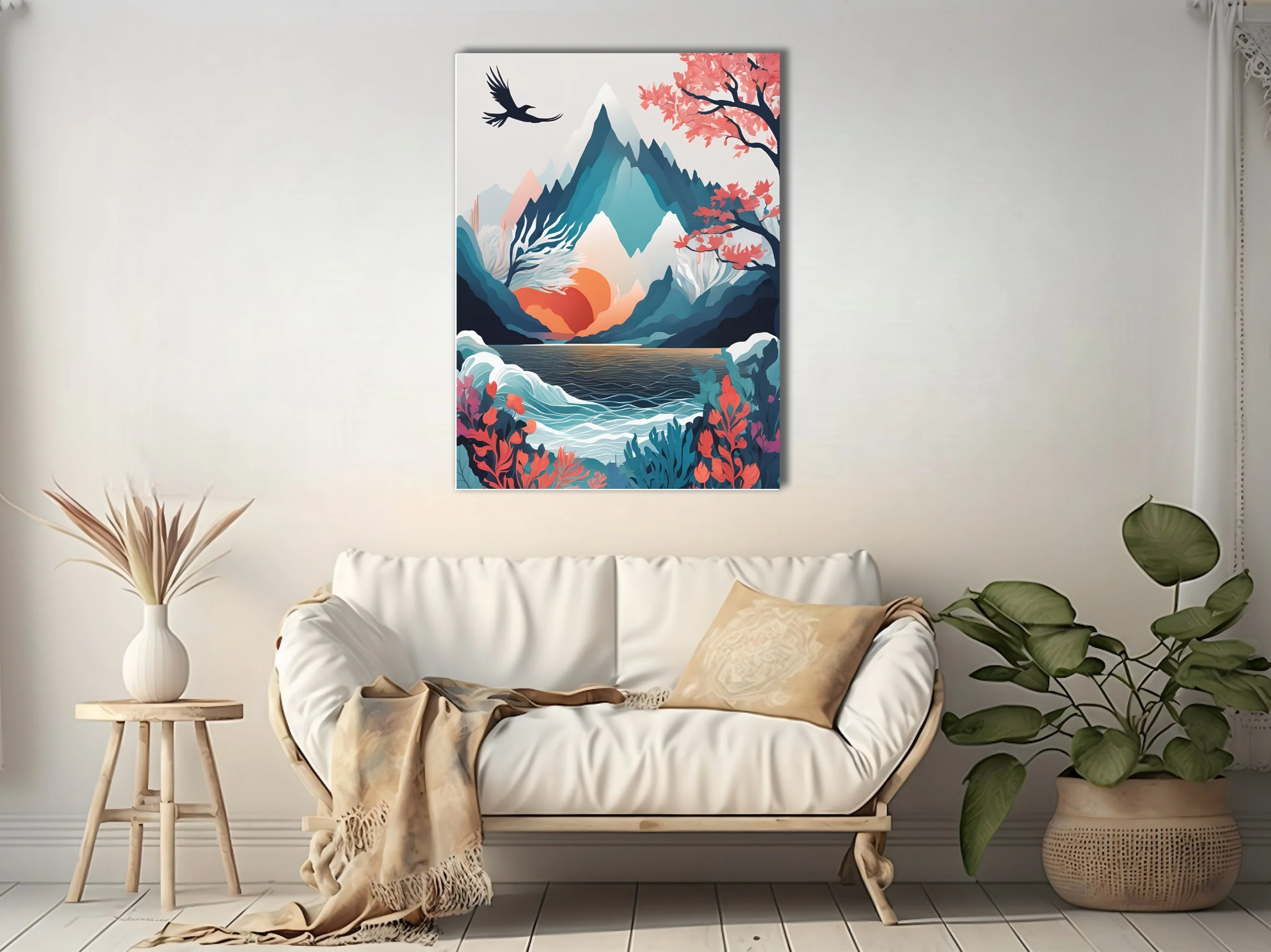 Minimalist abstract mountain landscape with teal peaks, coral botanicals, and ink-wash-style depth