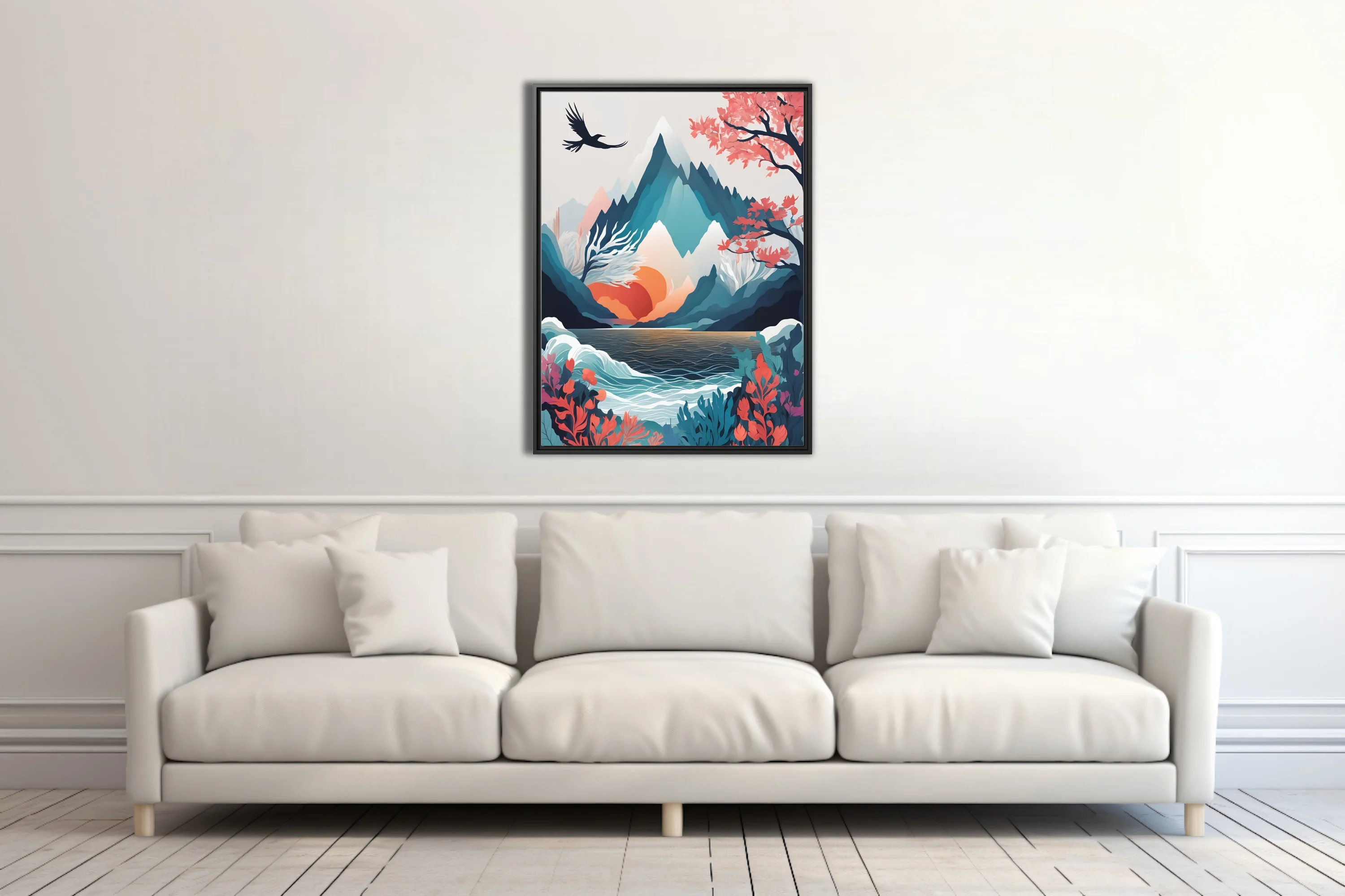 Minimalist abstract mountain landscape with teal peaks, coral botanicals, and ink-wash-style depth