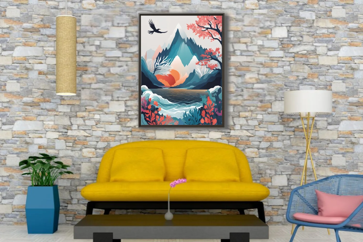 Minimalist abstract mountain landscape with teal peaks, coral botanicals, and ink-wash-style depth