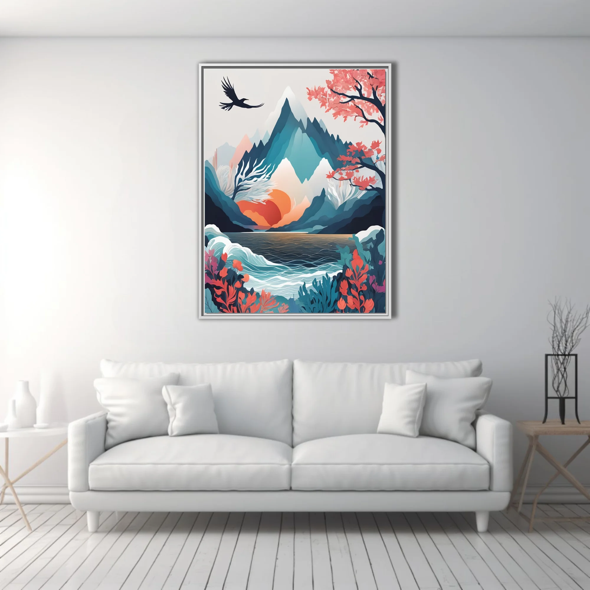 Minimalist abstract mountain landscape with teal peaks, coral botanicals, and ink-wash-style depth