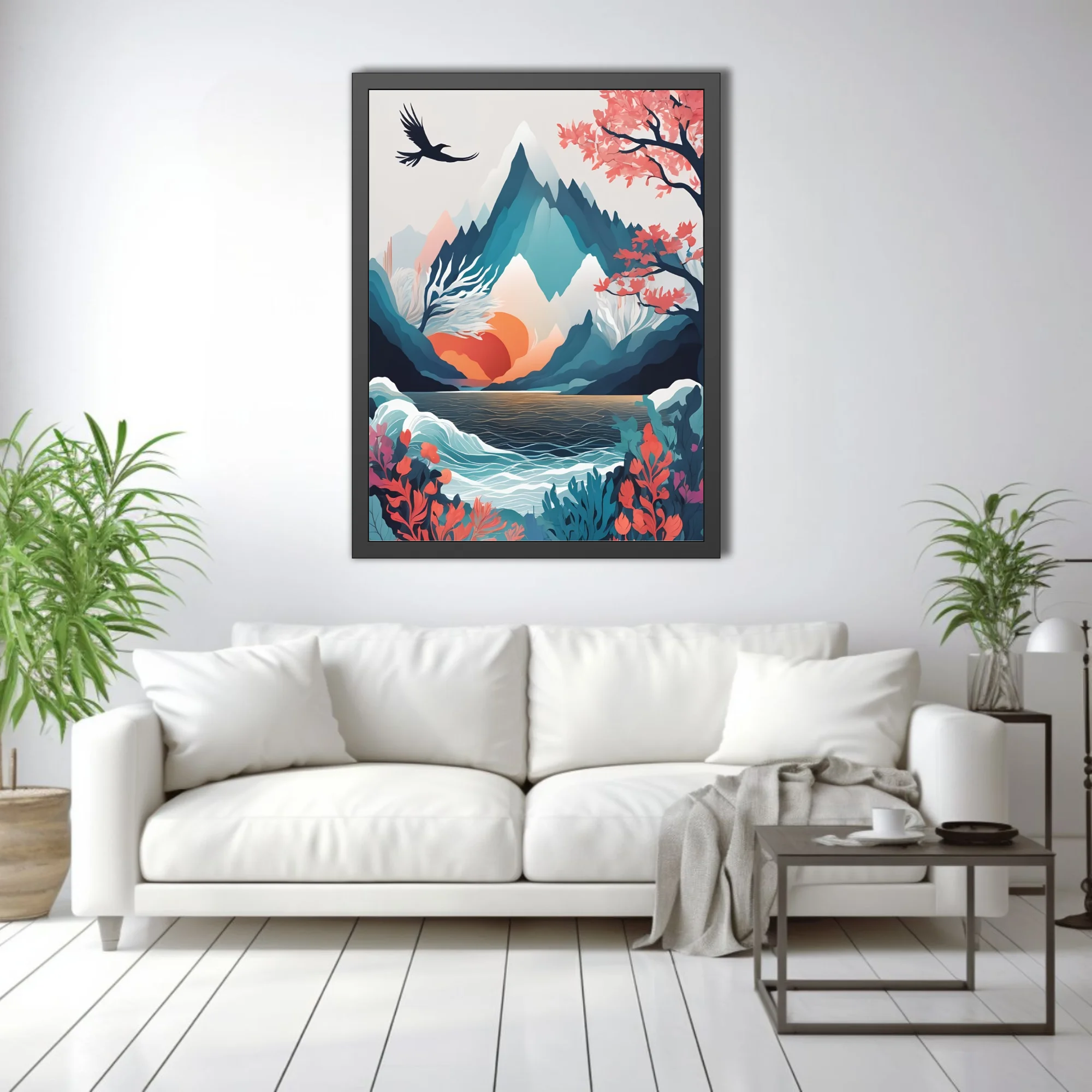 Minimalist abstract mountain landscape with teal peaks, coral botanicals, and ink-wash-style depth