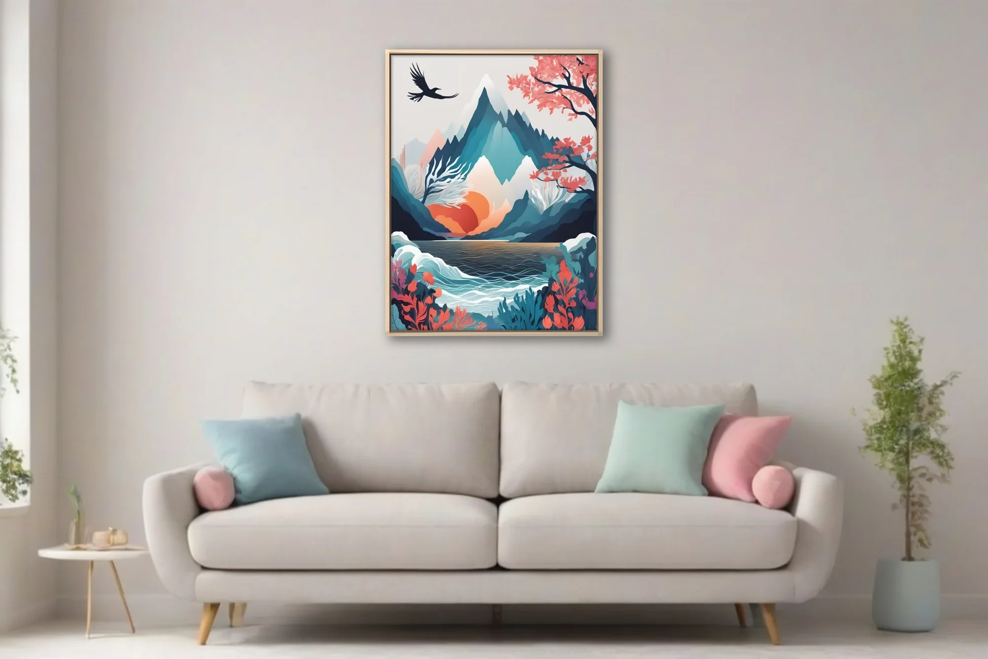 Minimalist abstract mountain landscape with teal peaks, coral botanicals, and ink-wash-style depth