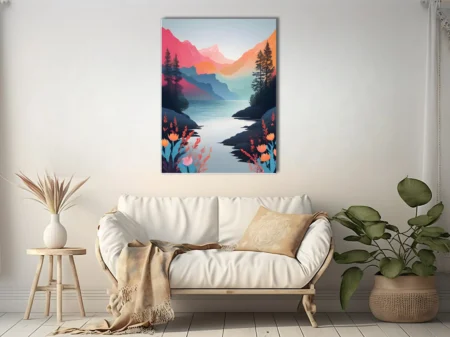 Bold gradient mountain lake landscape with floral foreground in coral, teal, and amber