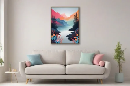 Bold gradient mountain lake landscape with floral foreground in coral, teal, and amber