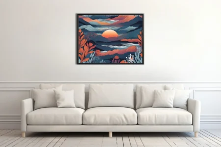 Graphic abstract landscape with layered coral and navy strata, glowing sunset orb, botanical motifs
