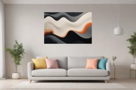 Abstract layered wave composition in cream, terracotta, and charcoal with