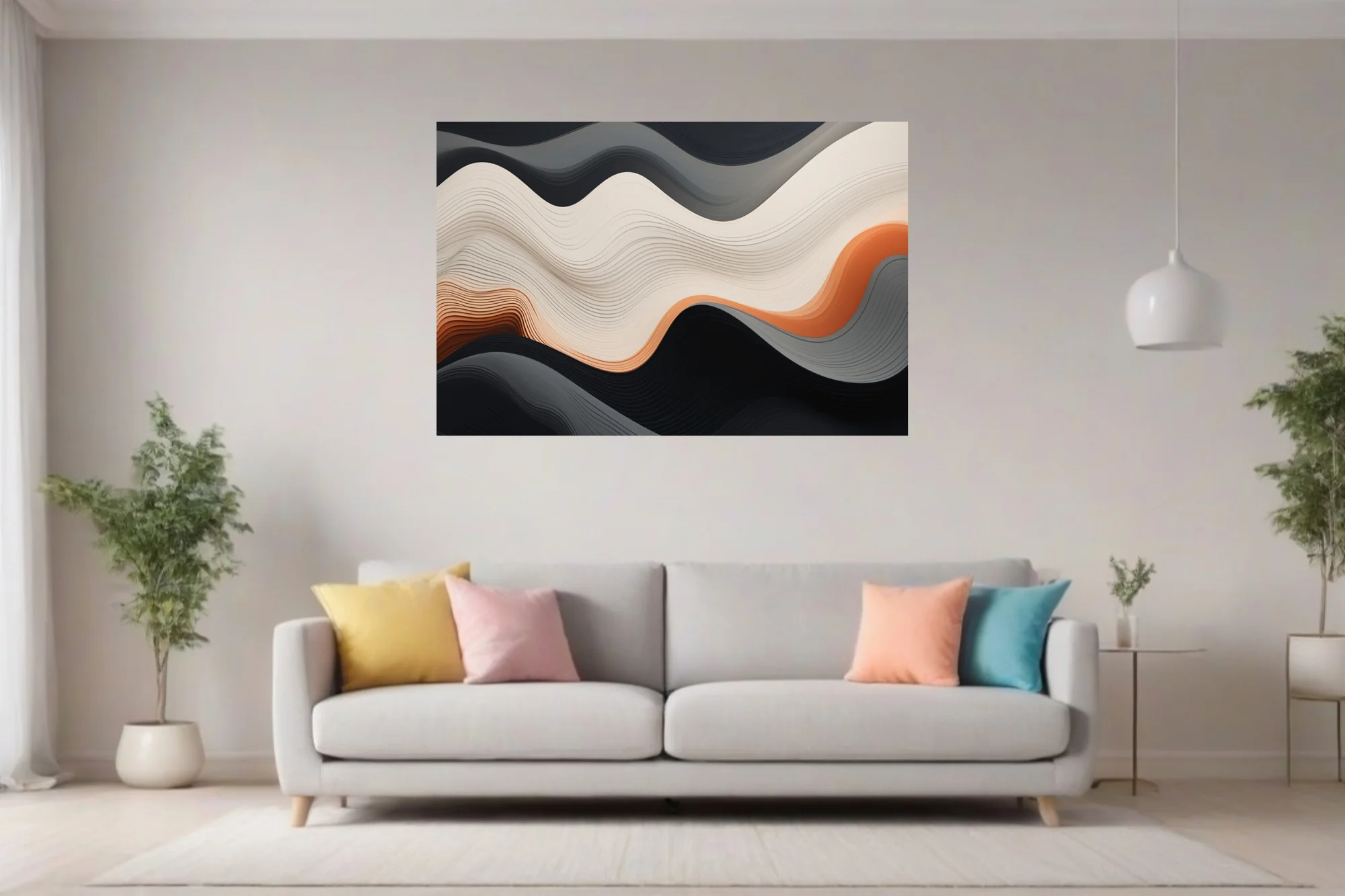 Abstract layered wave composition in cream, terracotta, and charcoal with