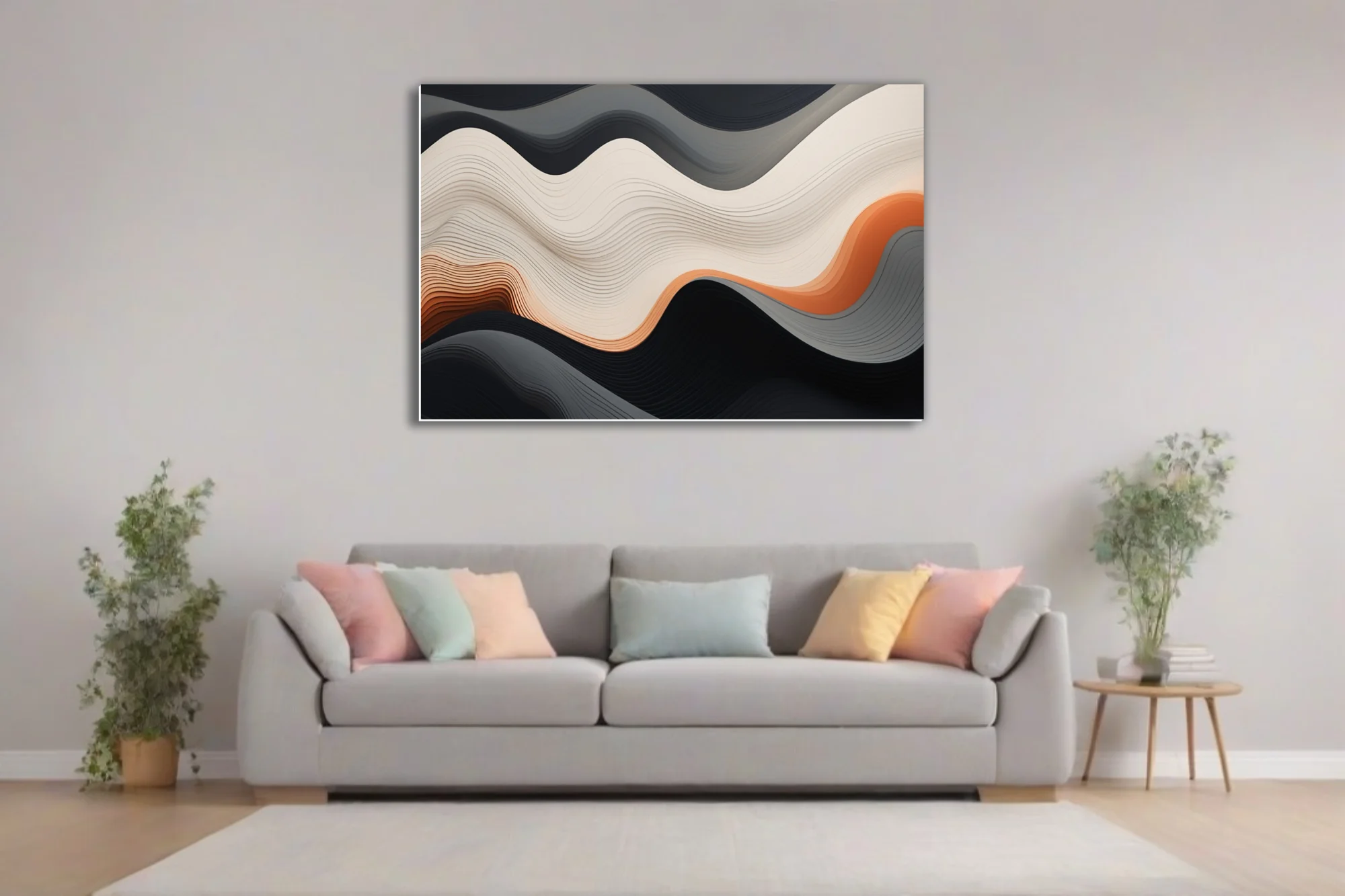 Abstract layered wave composition in cream, terracotta, and charcoal with