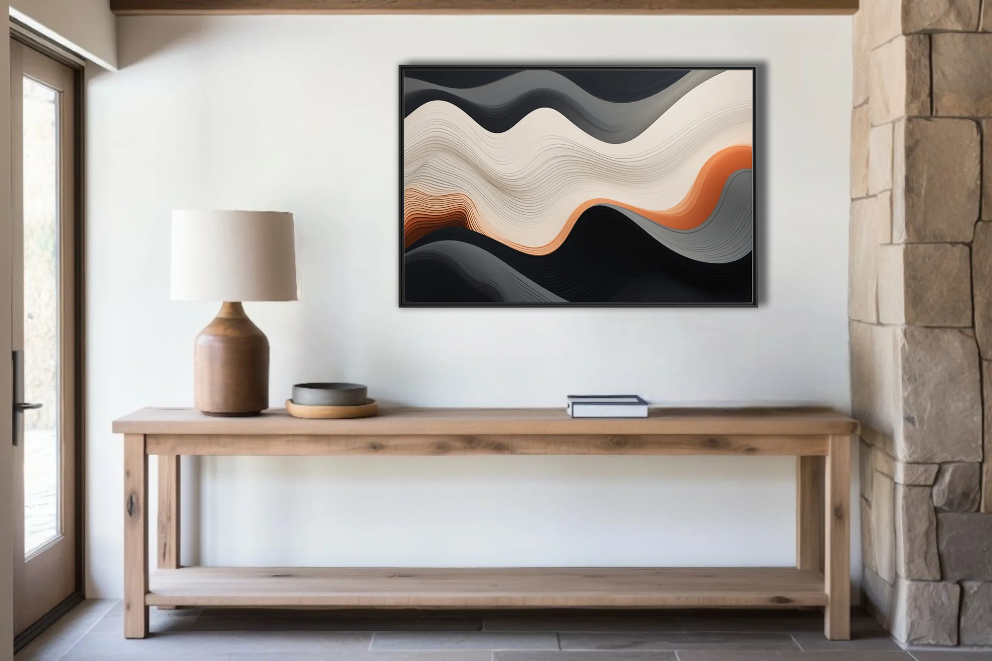 Abstract layered wave composition in cream, terracotta, and charcoal with