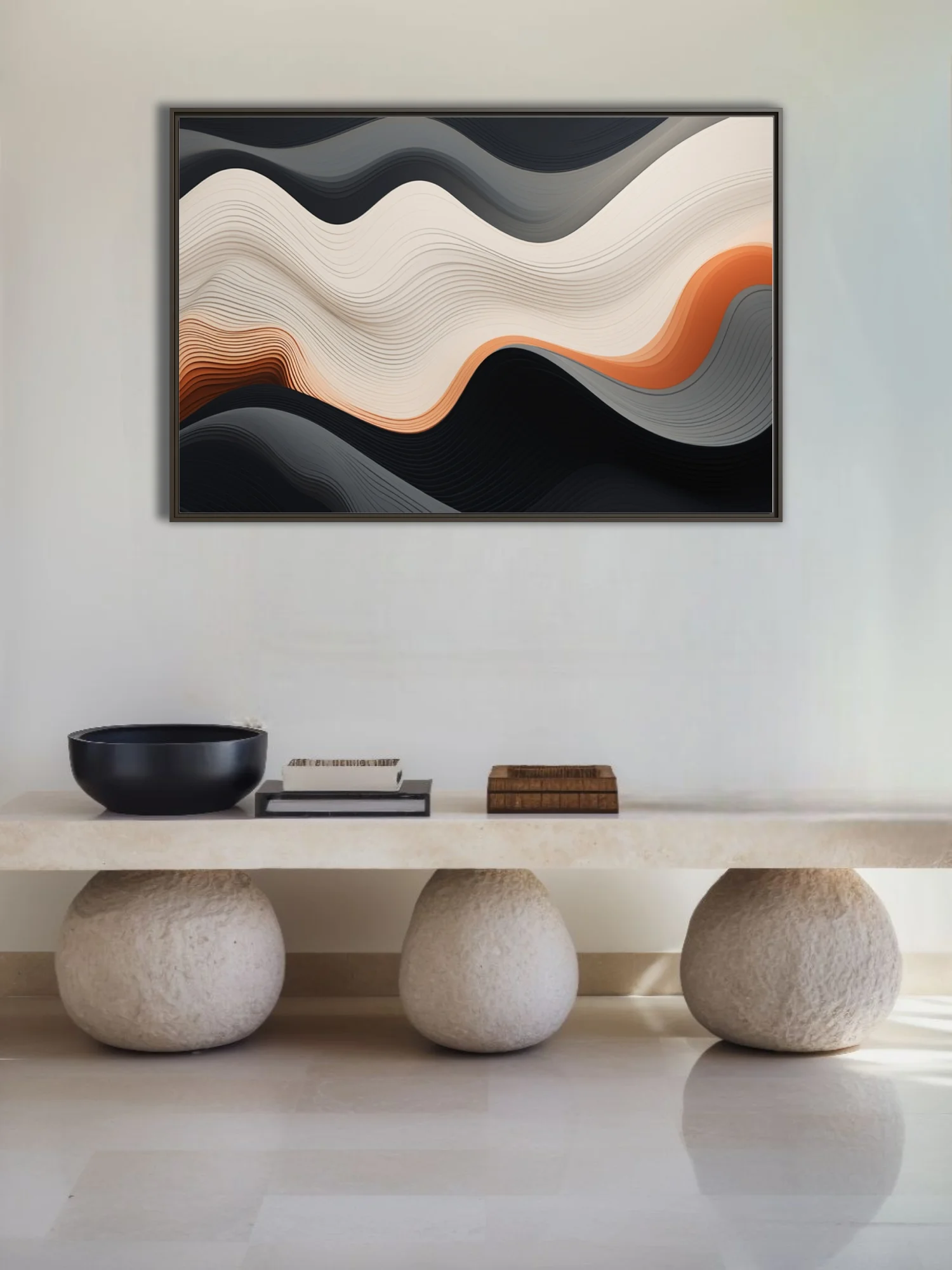 Abstract layered wave composition in cream, terracotta, and charcoal with