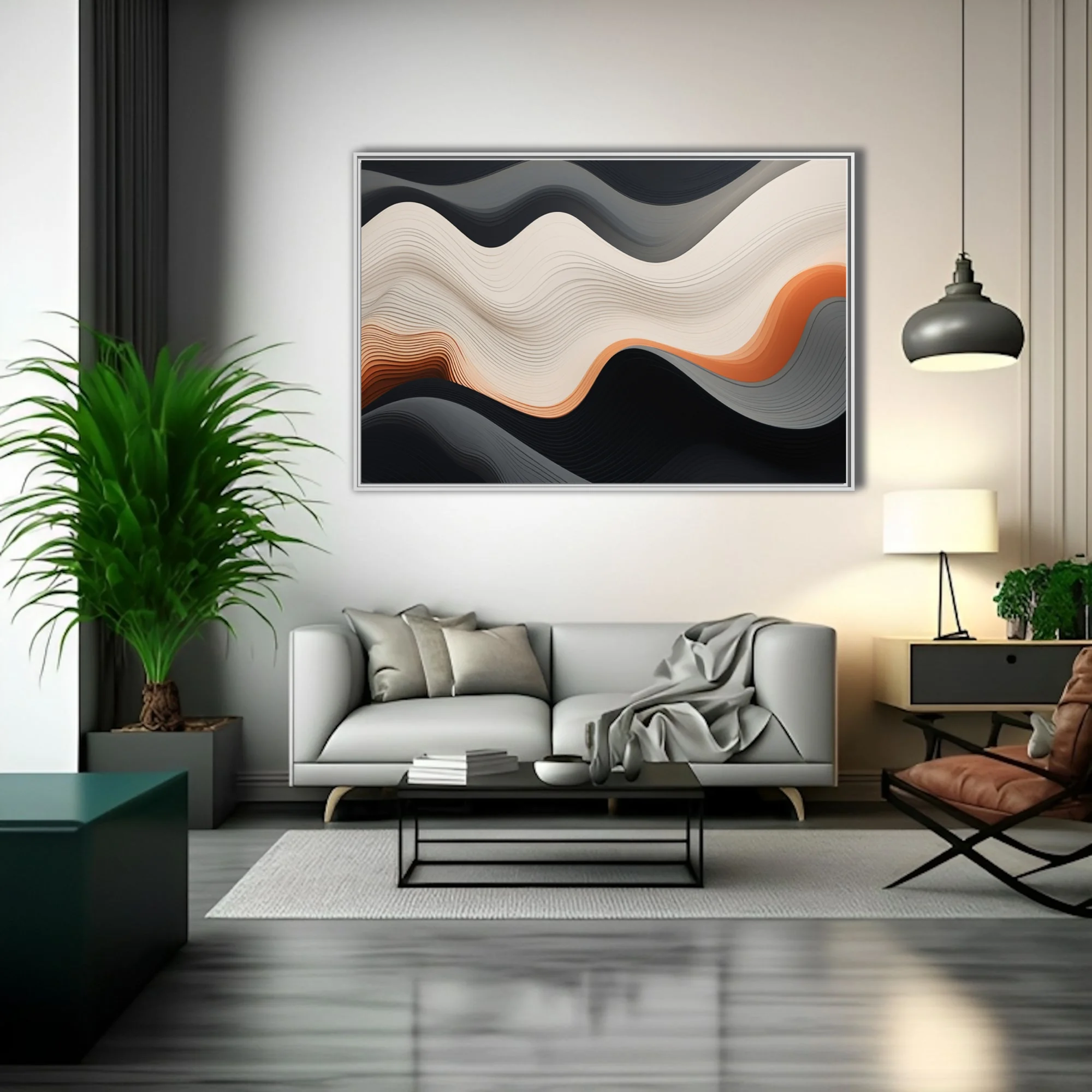 Abstract layered wave composition in cream, terracotta, and charcoal with