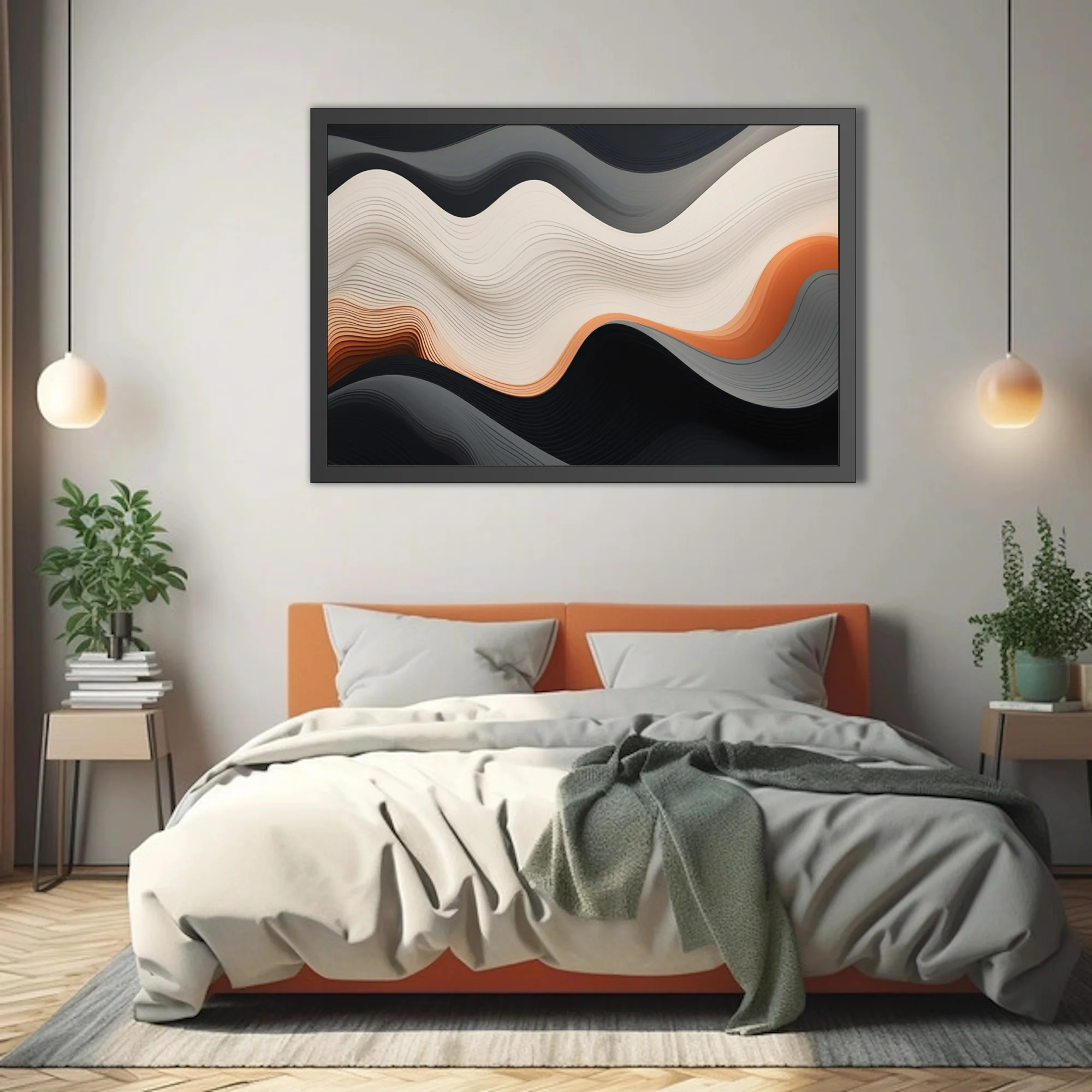Abstract layered wave composition in cream, terracotta, and charcoal with