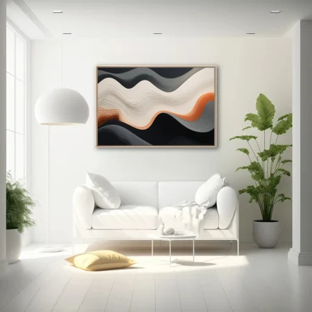 Abstract layered wave composition in cream, terracotta, and charcoal with
