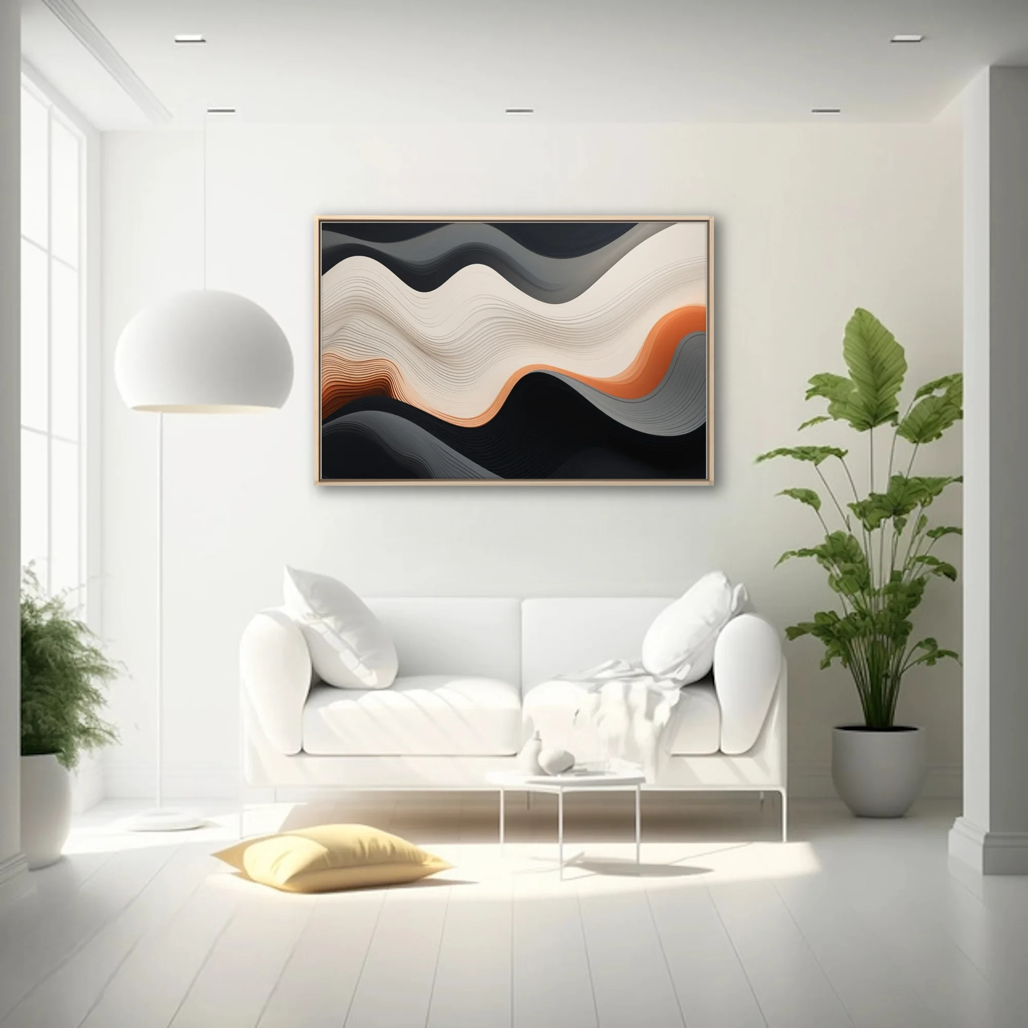 Abstract layered wave composition in cream, terracotta, and charcoal with