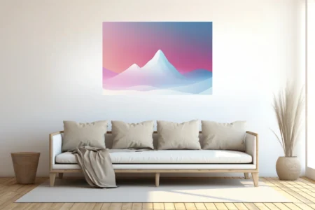 Minimalist abstract mountain landscape in pastel pink, rose, and soft blue gradient tones