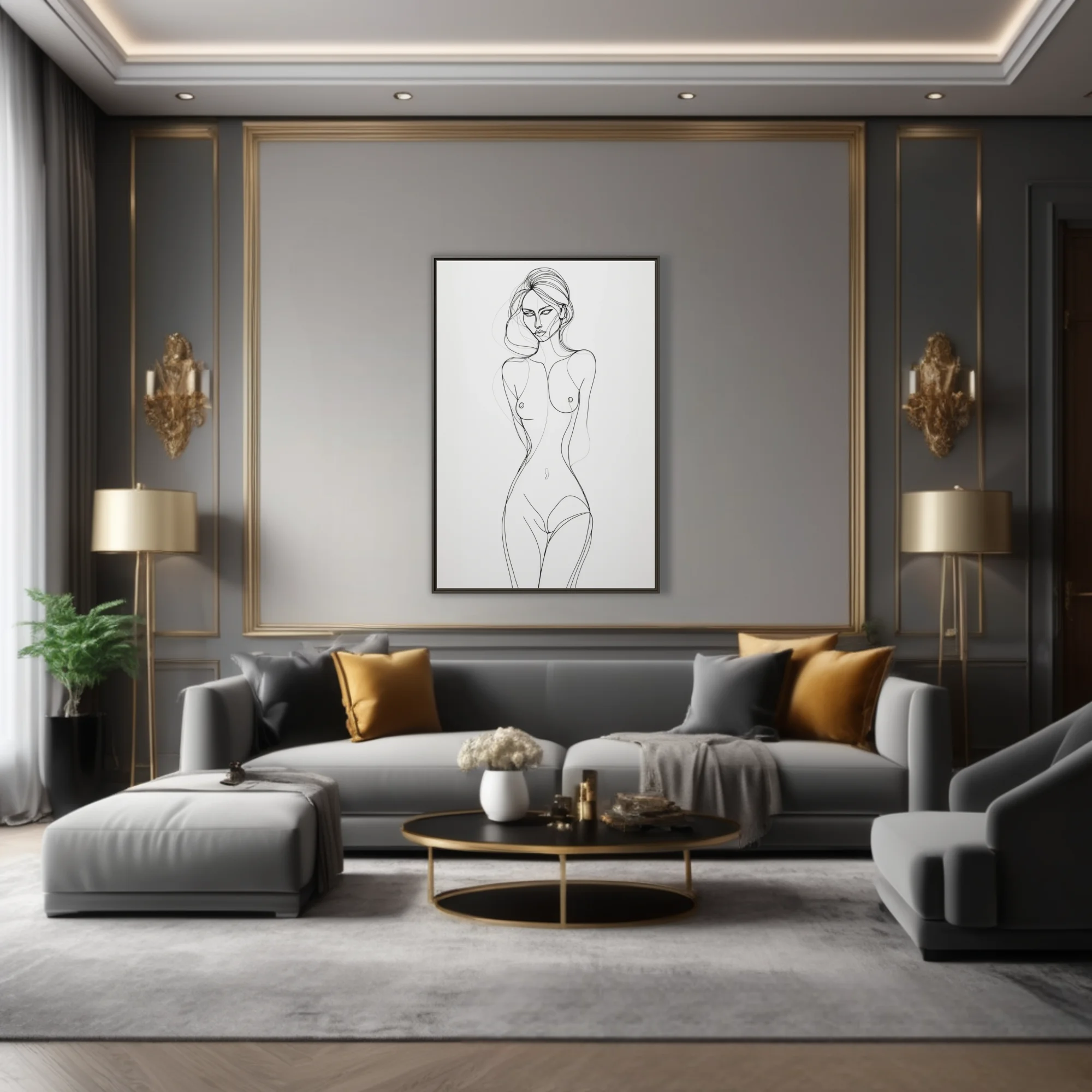 Minimalist continuous line art nude figure study, black on white, elegant and fluid