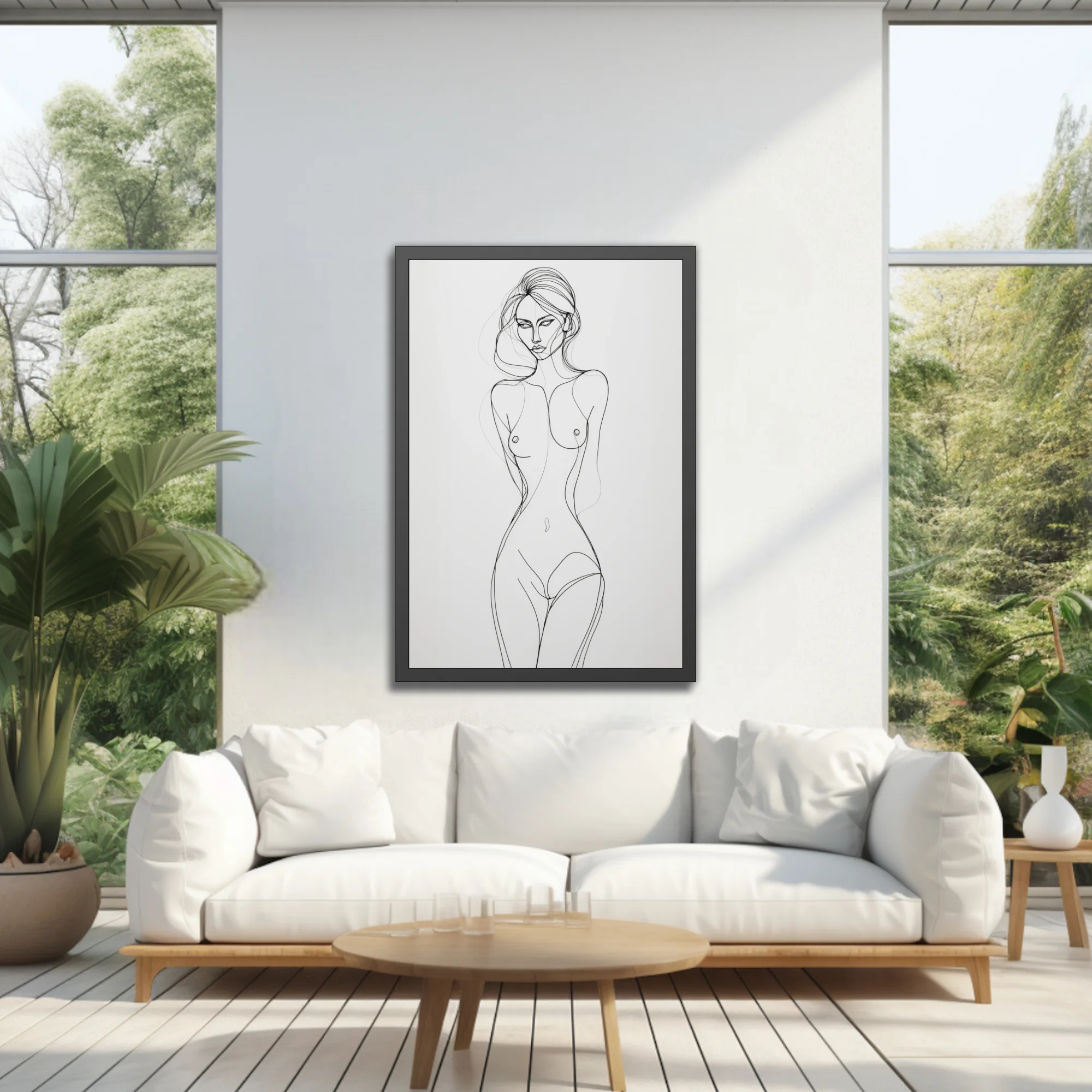 Minimalist continuous line art nude figure study, black on white, elegant and fluid