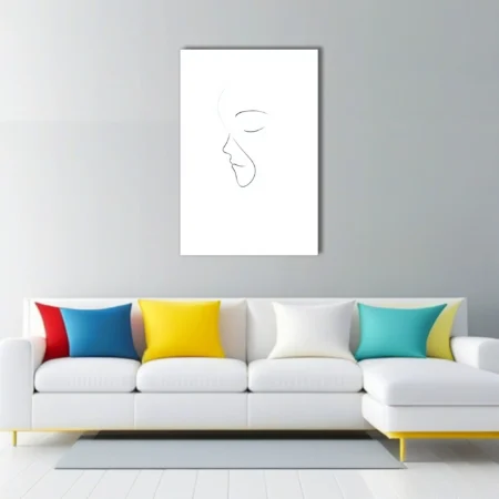 Minimalist line-art portrait of a face in profile, black on white, eyes closed