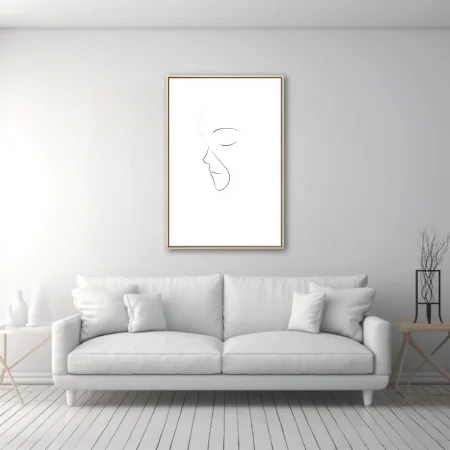 Minimalist line-art portrait of a face in profile, black on white, eyes closed
