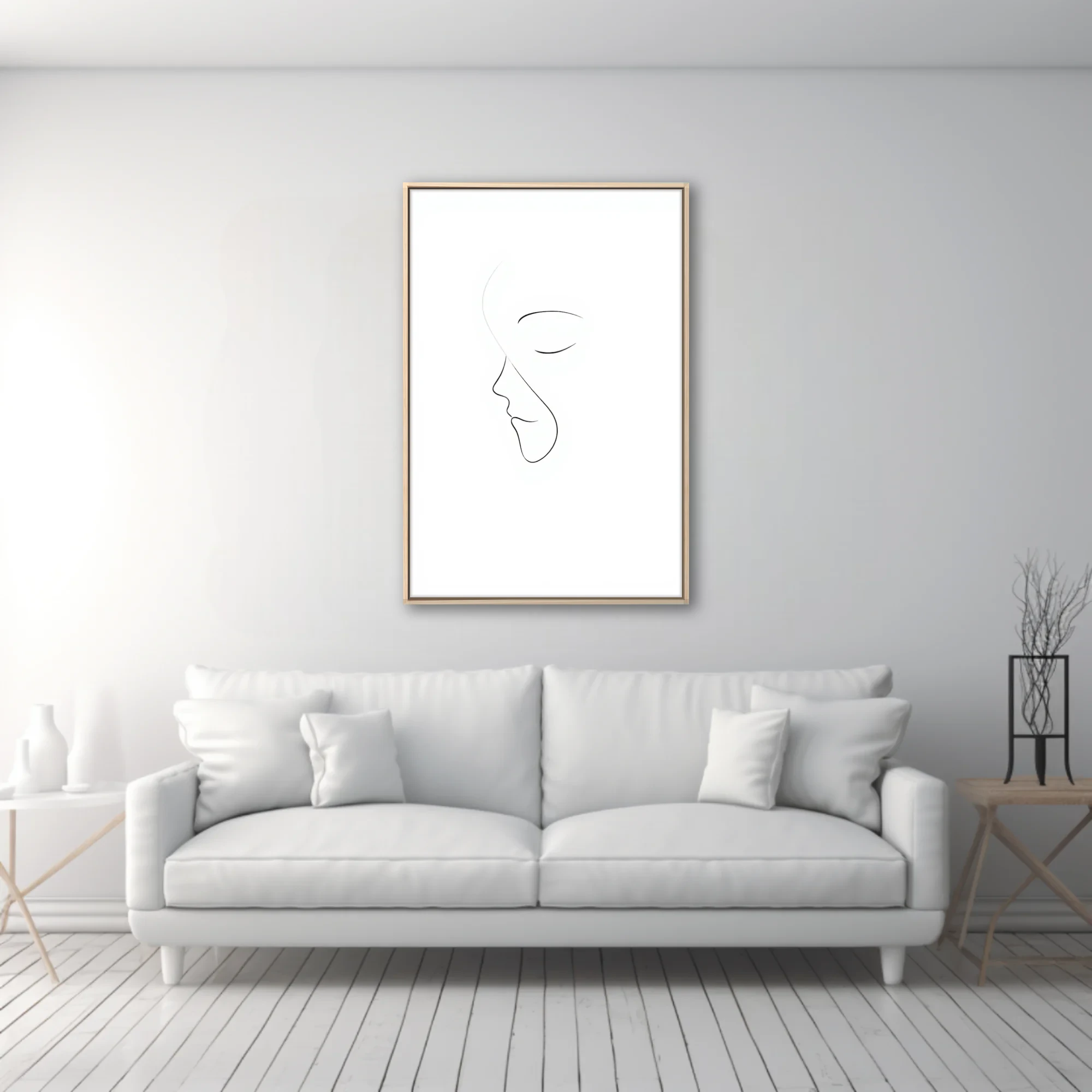 Minimalist line-art portrait of a face in profile, black on white, eyes closed