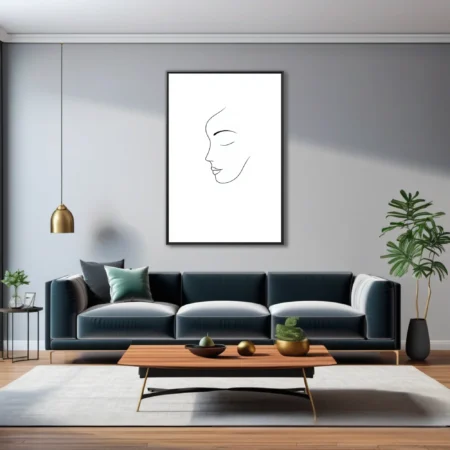 Minimalist line-art female profile portrait, closed eyes, single continuous line on white