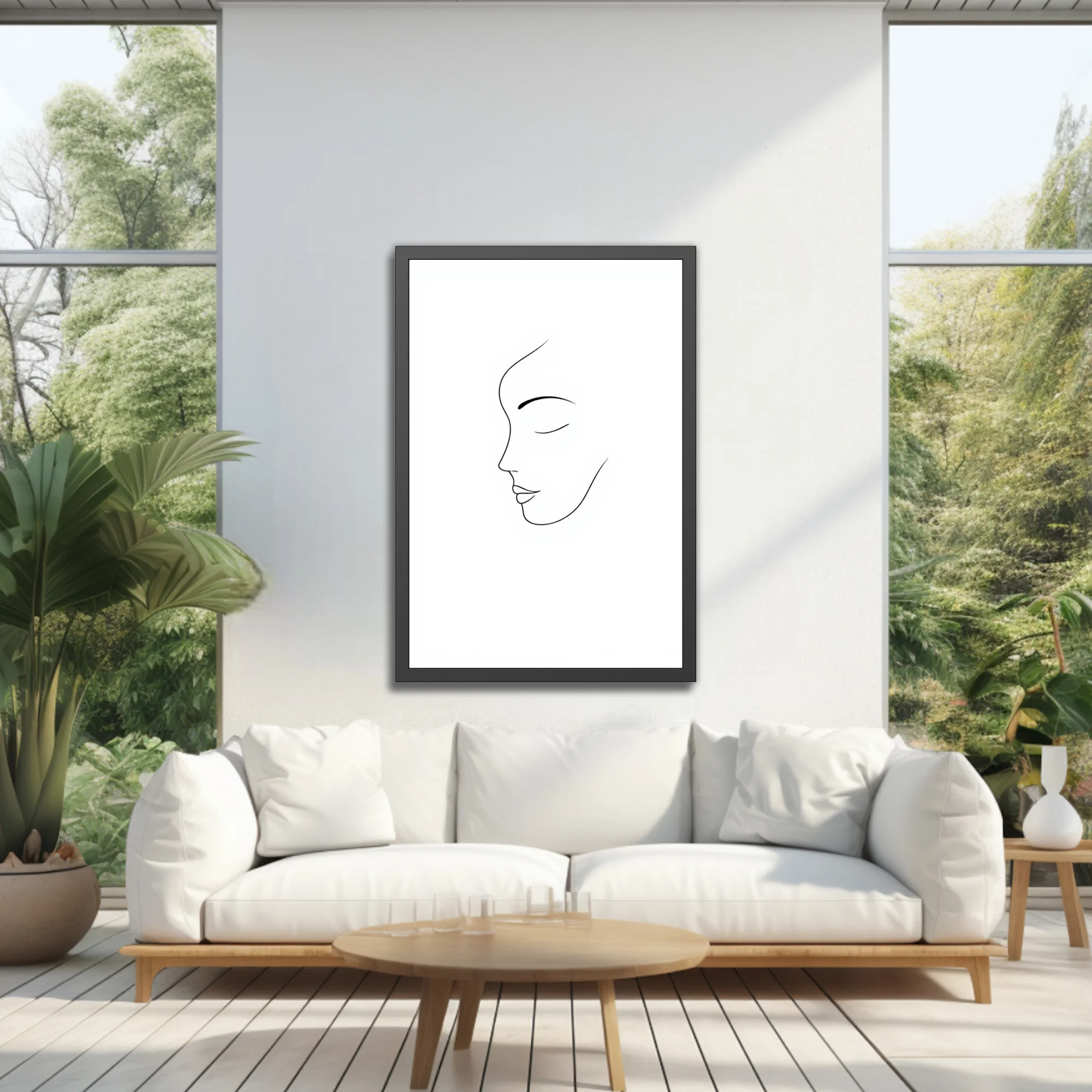 Minimalist line-art female profile portrait, closed eyes, single continuous line on white
