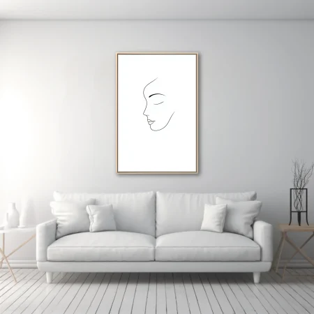 Minimalist line-art female profile portrait, closed eyes, single continuous line on white