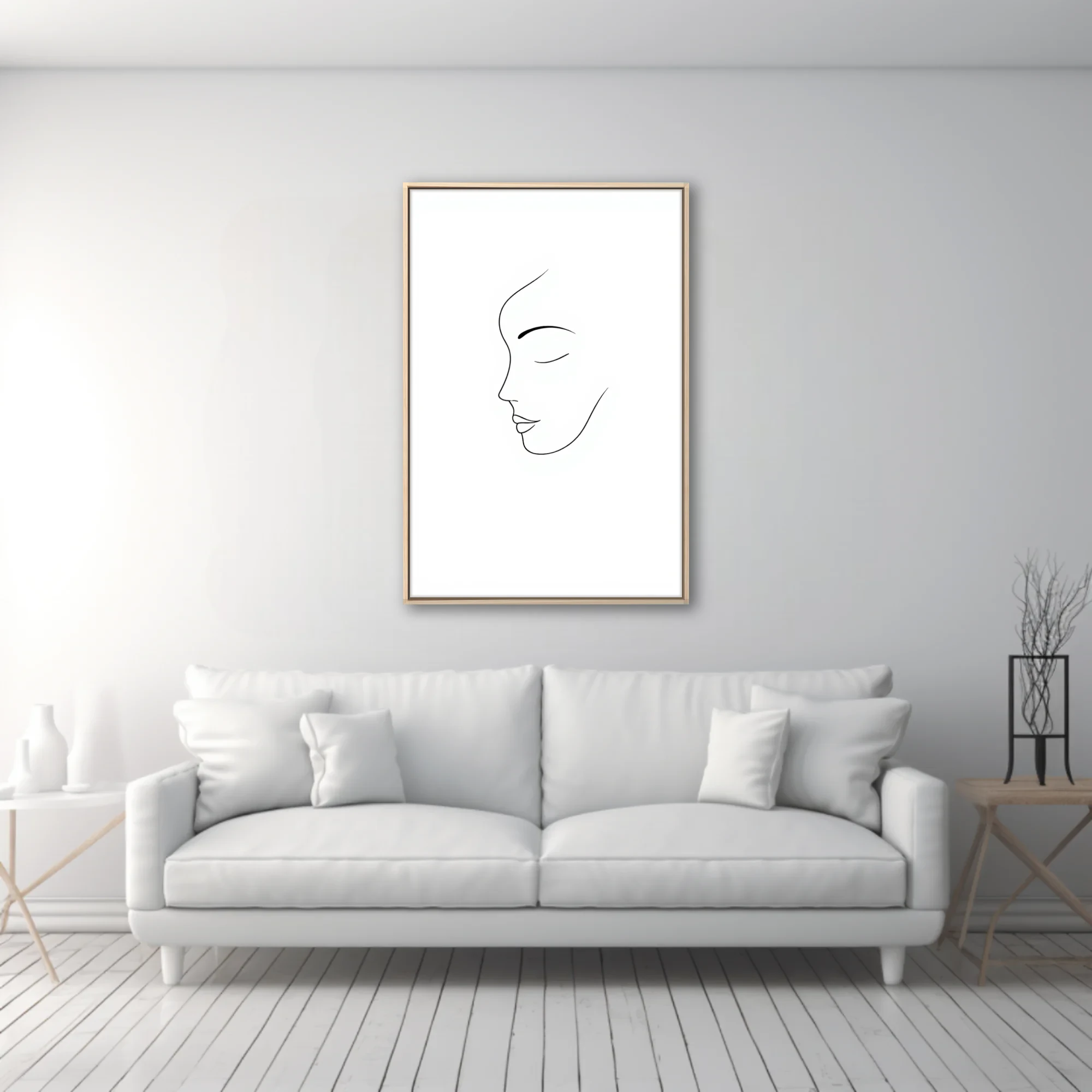 Minimalist line-art female profile portrait, closed eyes, single continuous line on white