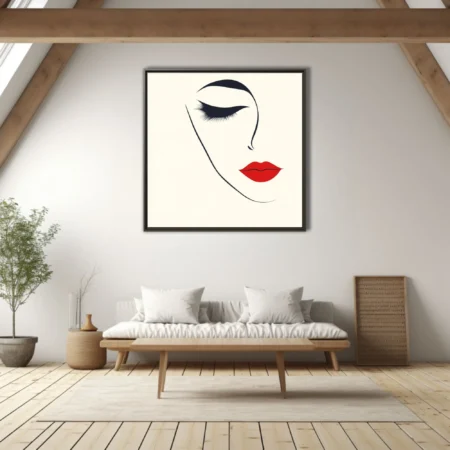 Minimalist line-art feminine portrait with dramatic lashes and bold red lips