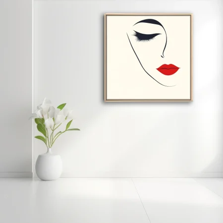 Minimalist line-art feminine portrait with dramatic lashes and bold red lips