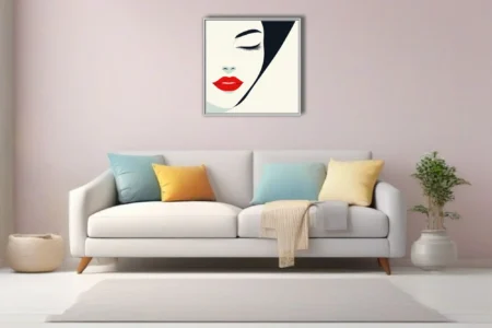 Minimalist abstract woman portrait, black and white with bold red lips graphic art